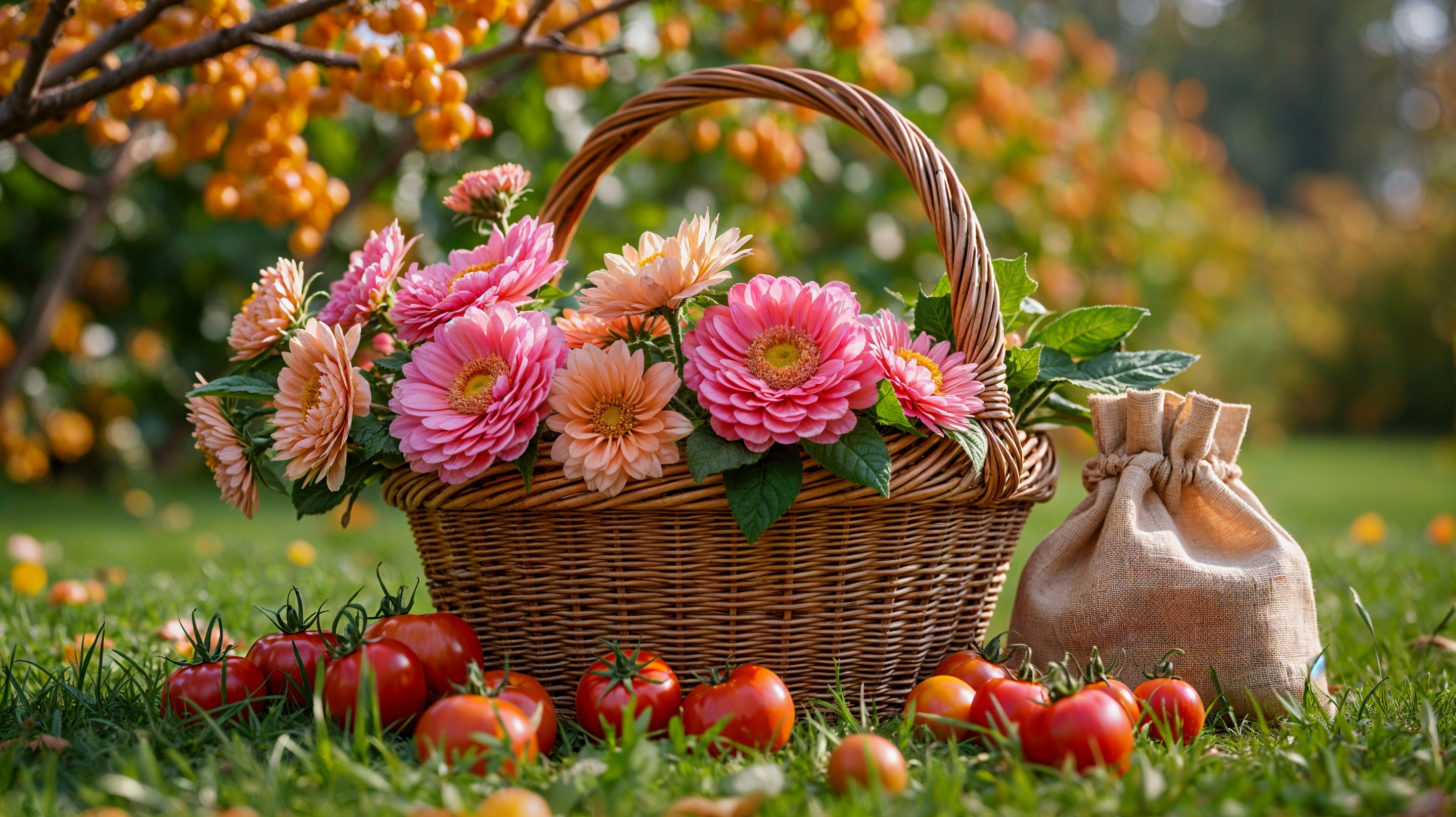 Woven Basket with Pink Daisies and Fresh Tomatoes