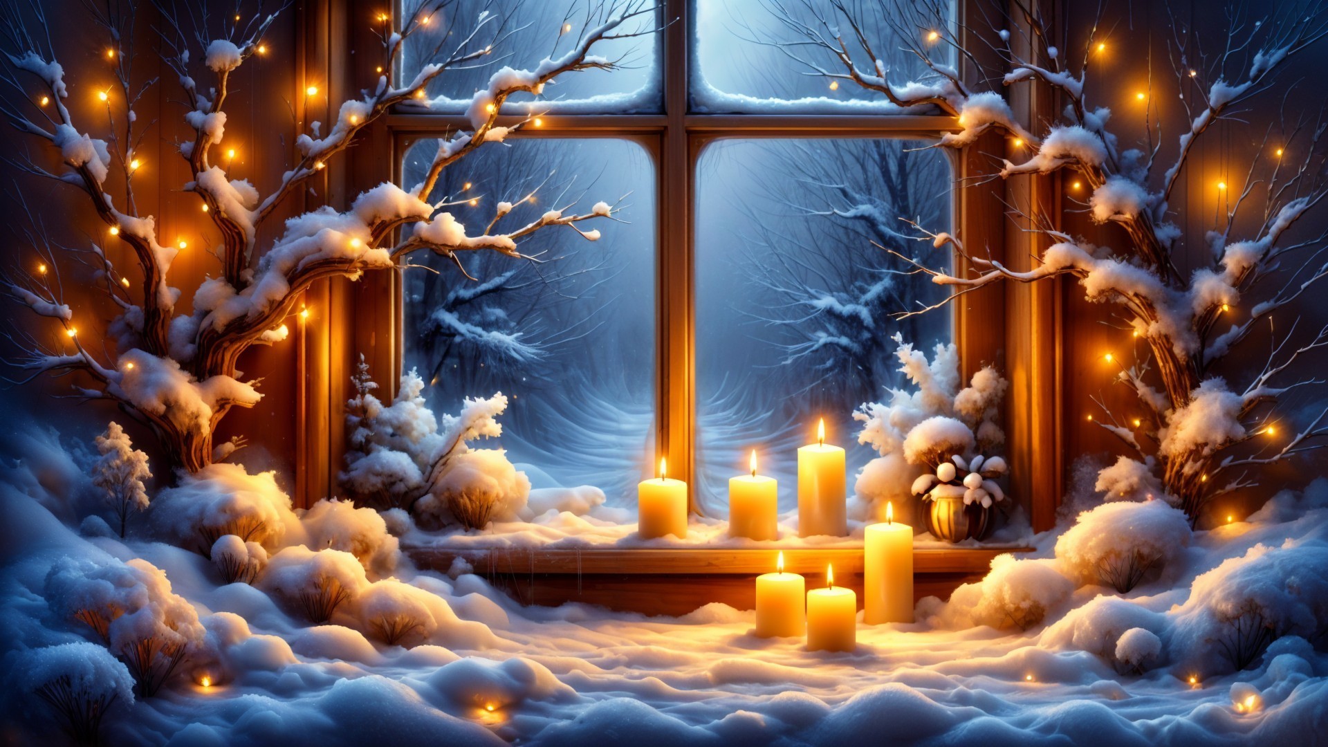 Serene Winter Scene with Snow and Fairy Lights