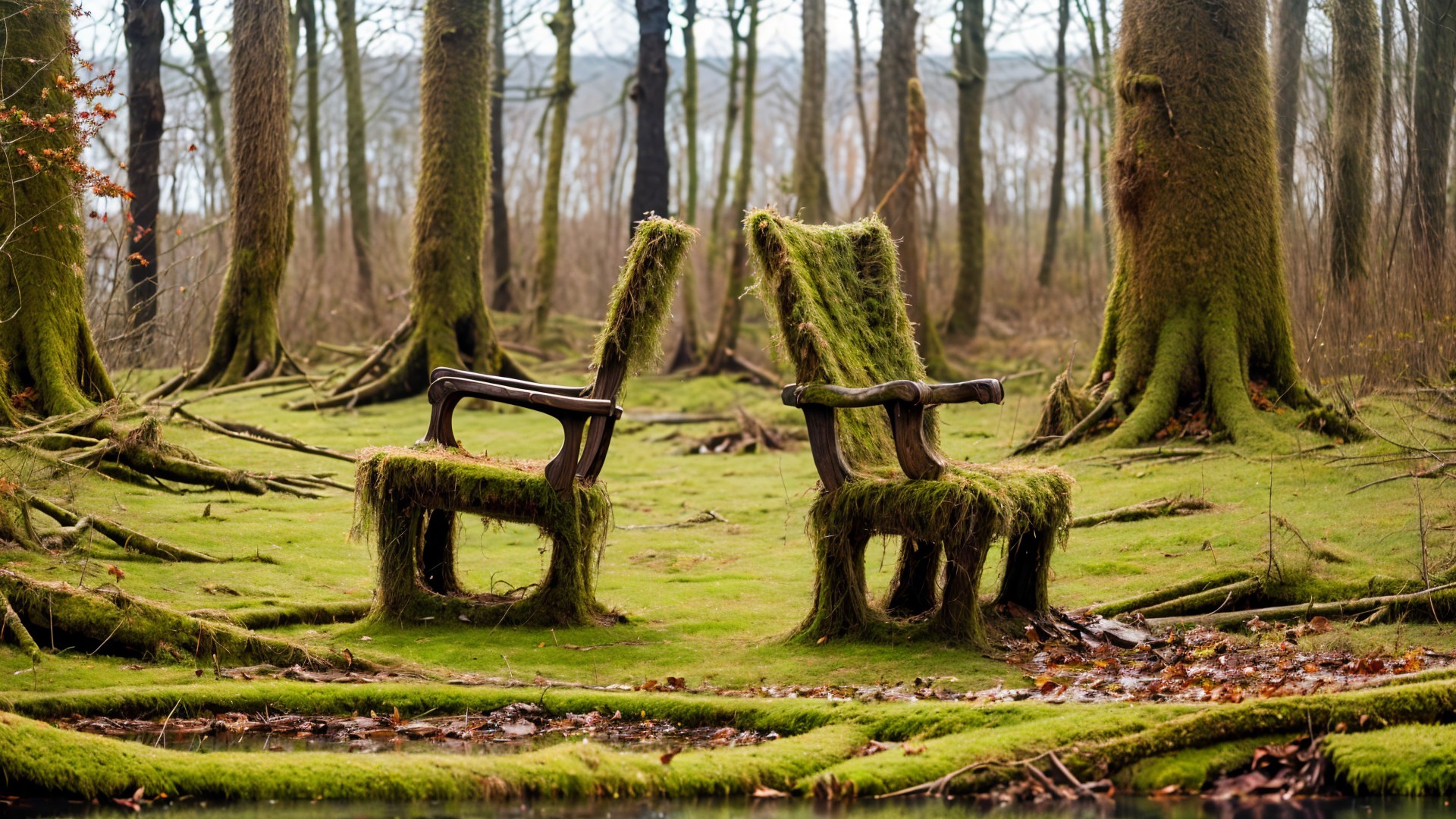 Rustic Wooden Chairs Surrounded by Lush Forest Moss