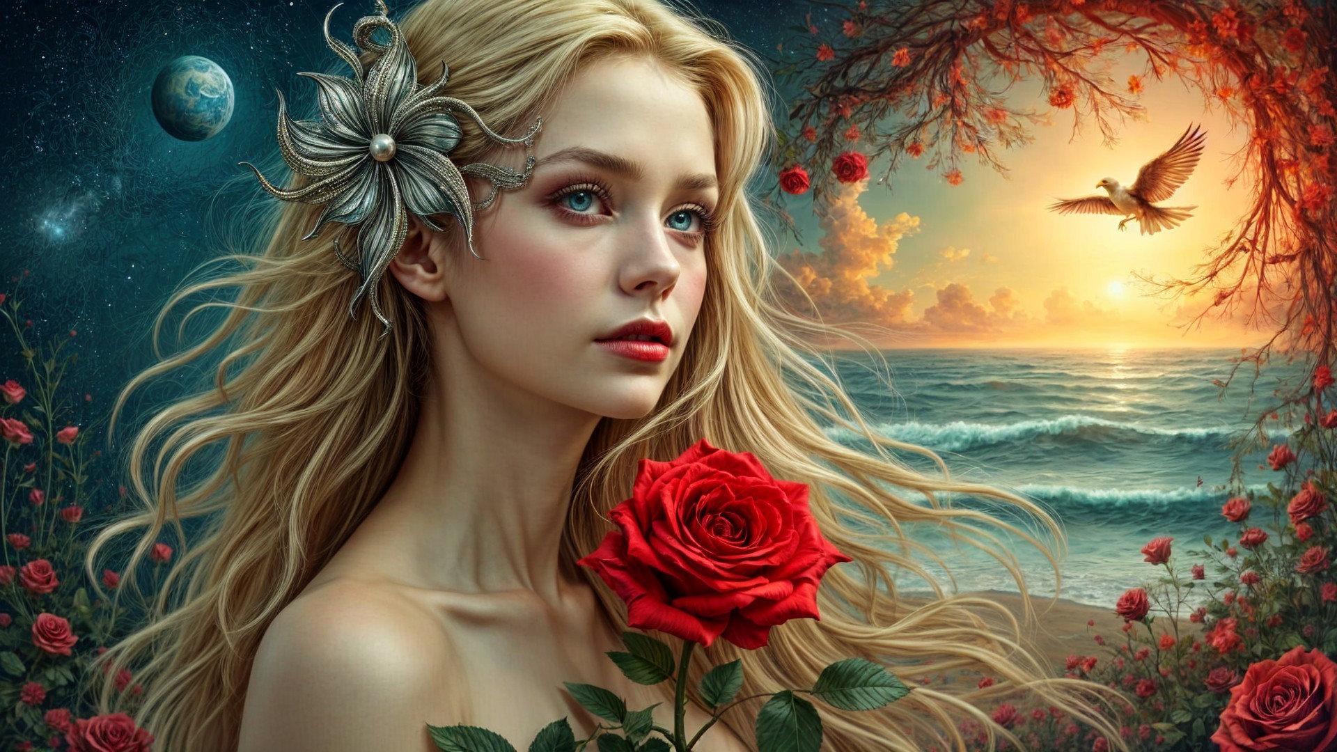 Portrait of a Young Woman with Floral Hairpiece and Roses