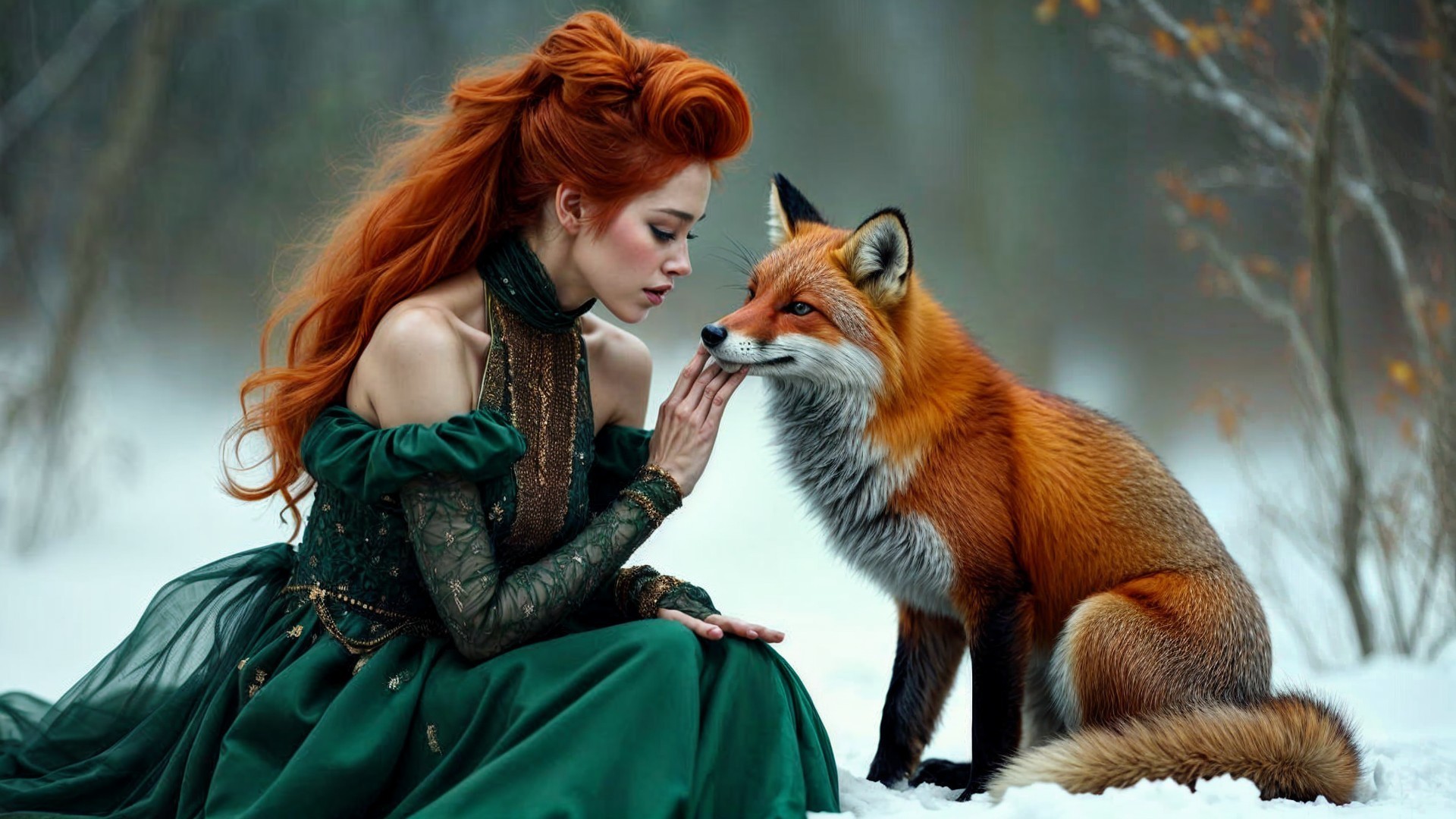 Woman in Green Gown with Red Fox in Snowy Forest