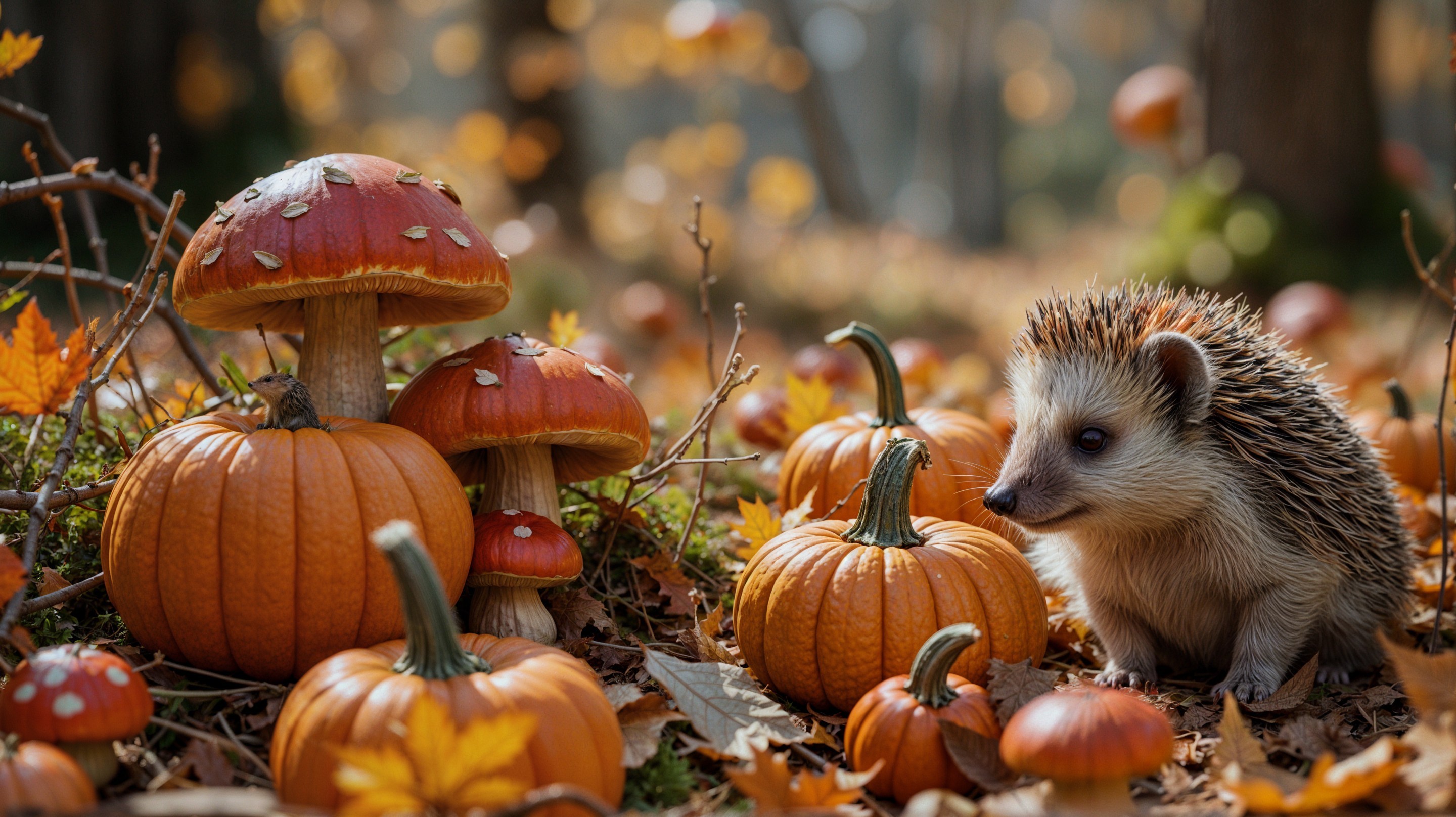 Hedgehog Among Orange Pumpkins and Mushrooms in Autumn