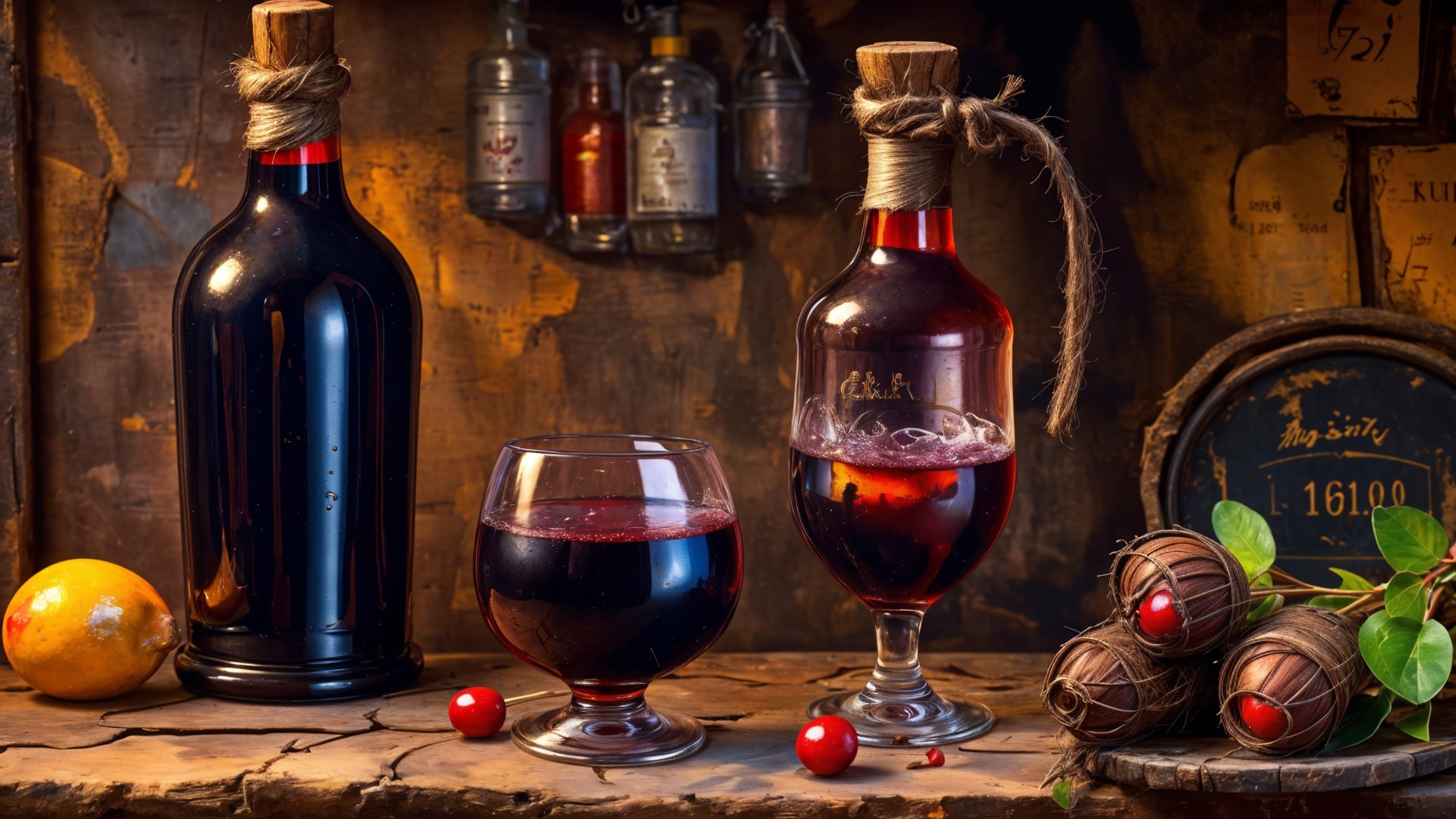 Rustic Wooden Display with Red Wine and Decorative Objects