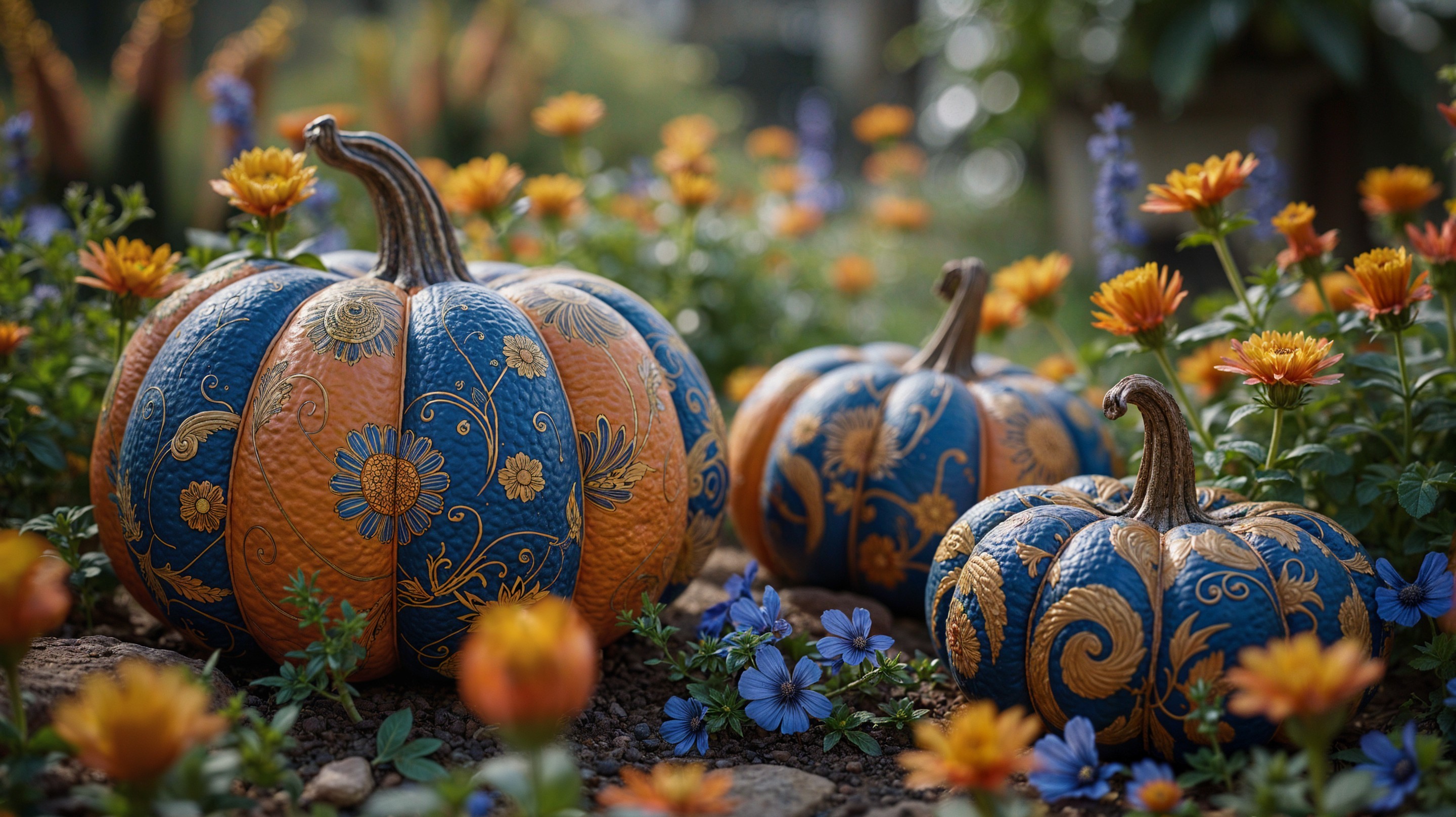 Vibrant Autumn Scene with Decorated Pumpkins and Flowers