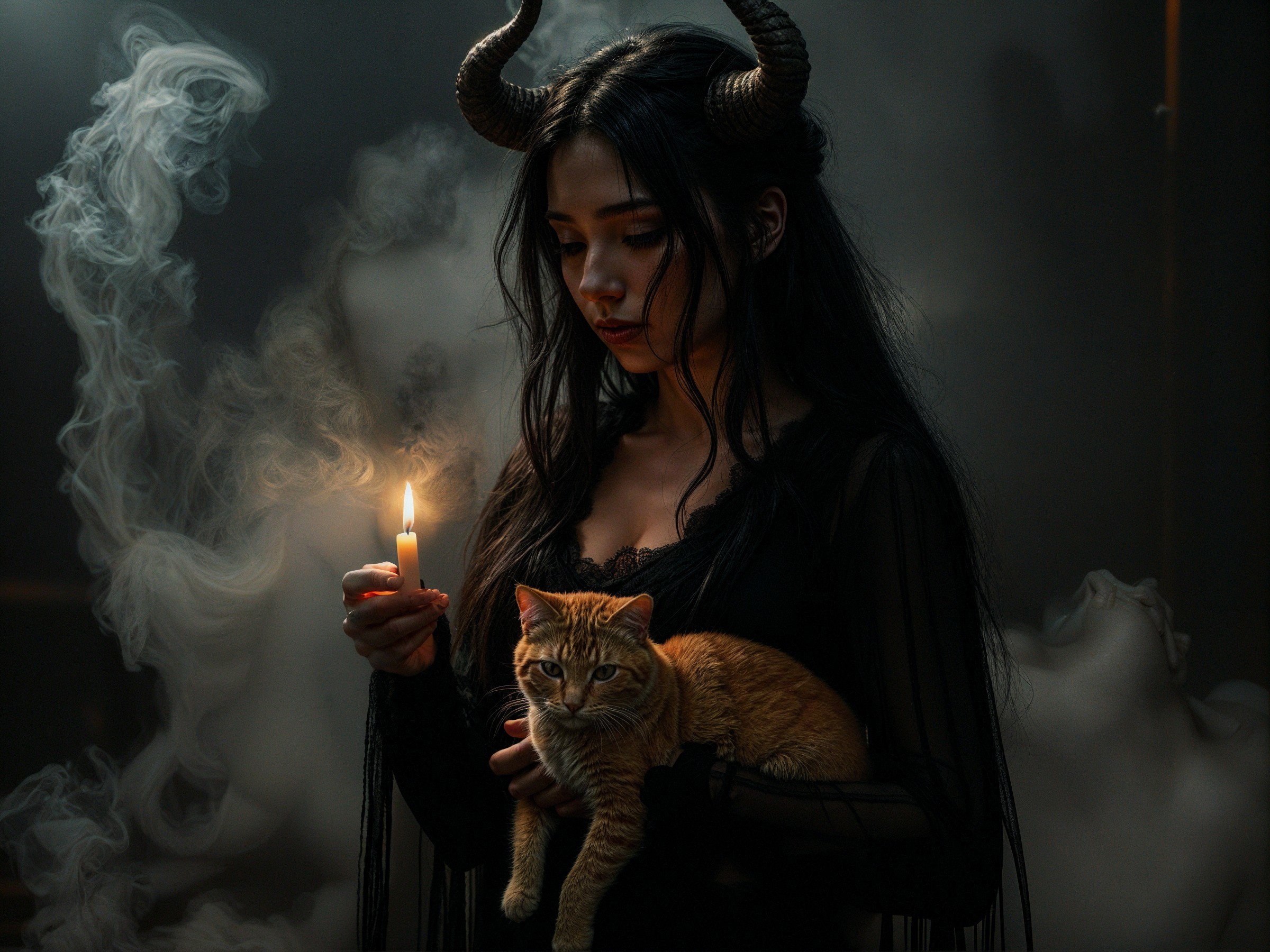 Mysterious figure with candle and cat in smoky ambiance