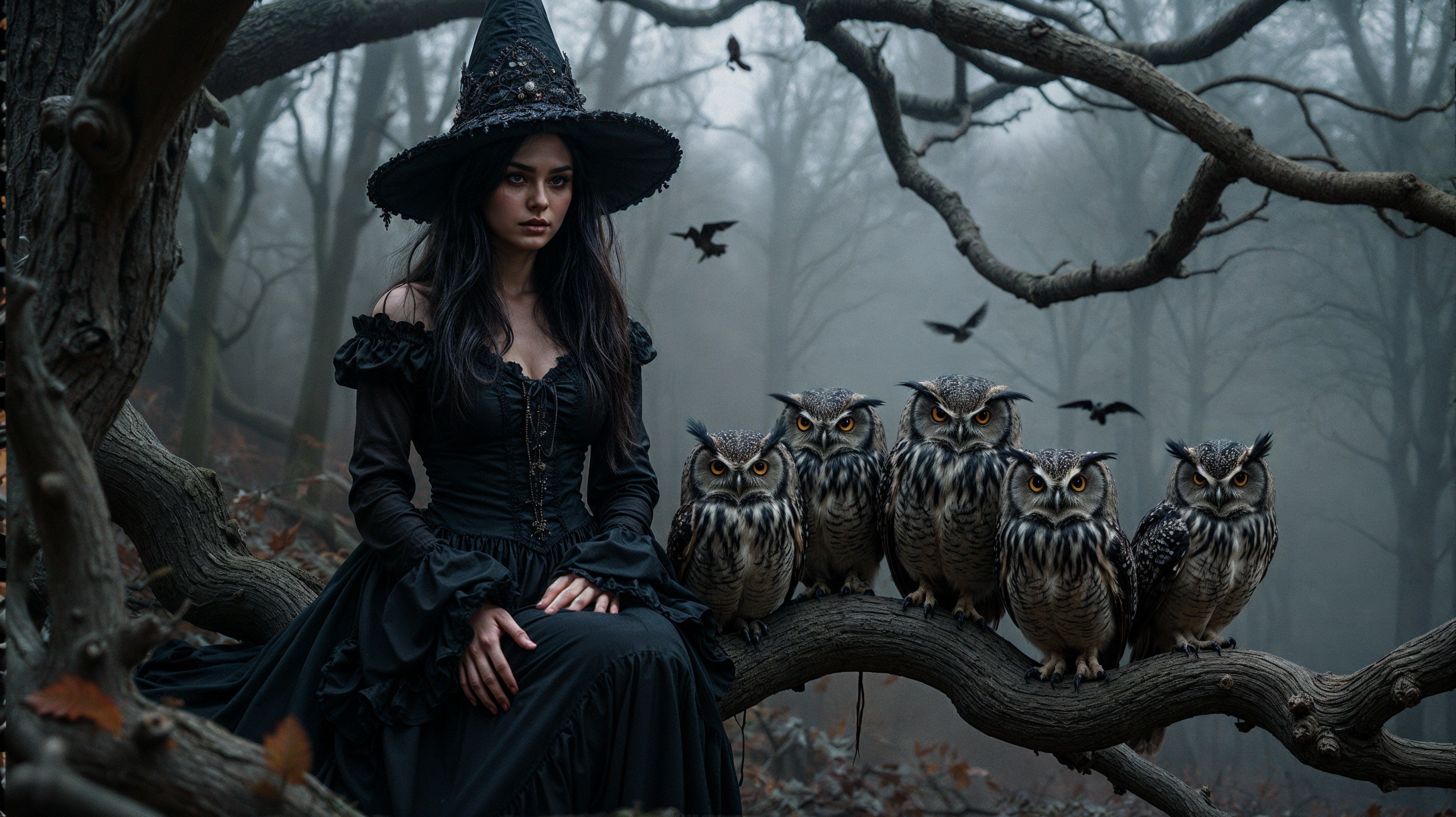 Misty Forest Scene with Woman and Owls in Gown