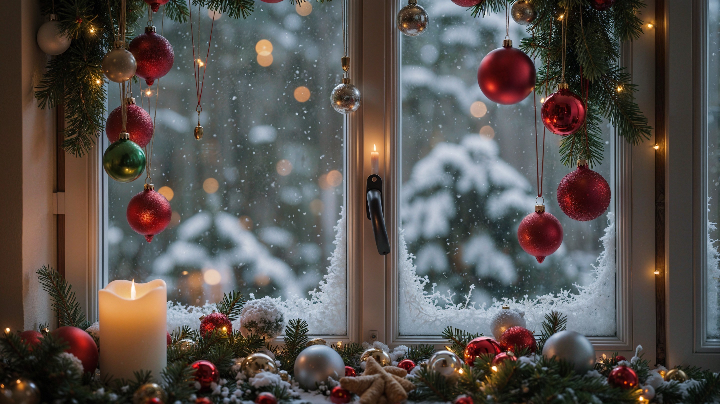 Cozy Winter Scene with Frosted Window and Decorations