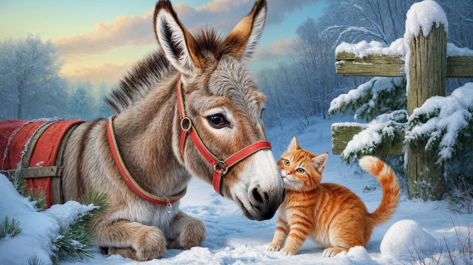 Donkey and Cat in a Snowy Winter Landscape