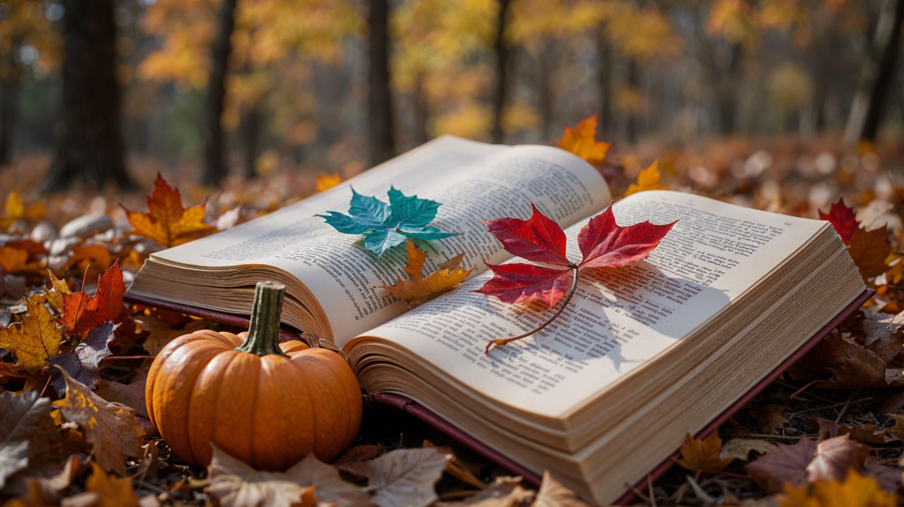Open Book on Colorful Autumn Leaves and Pumpkin