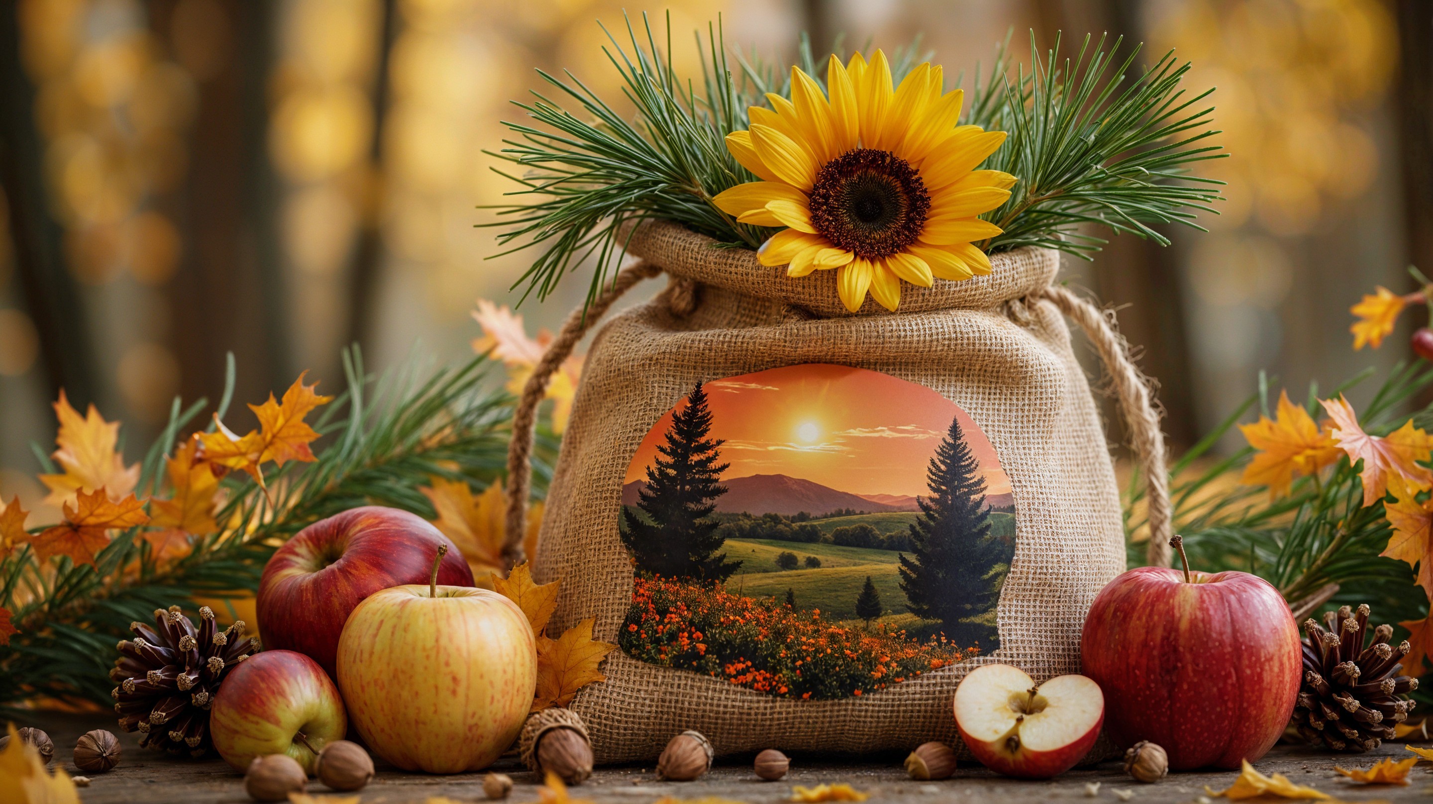 Rustic Burlap Bag Centerpiece with Sunflowers and Apples