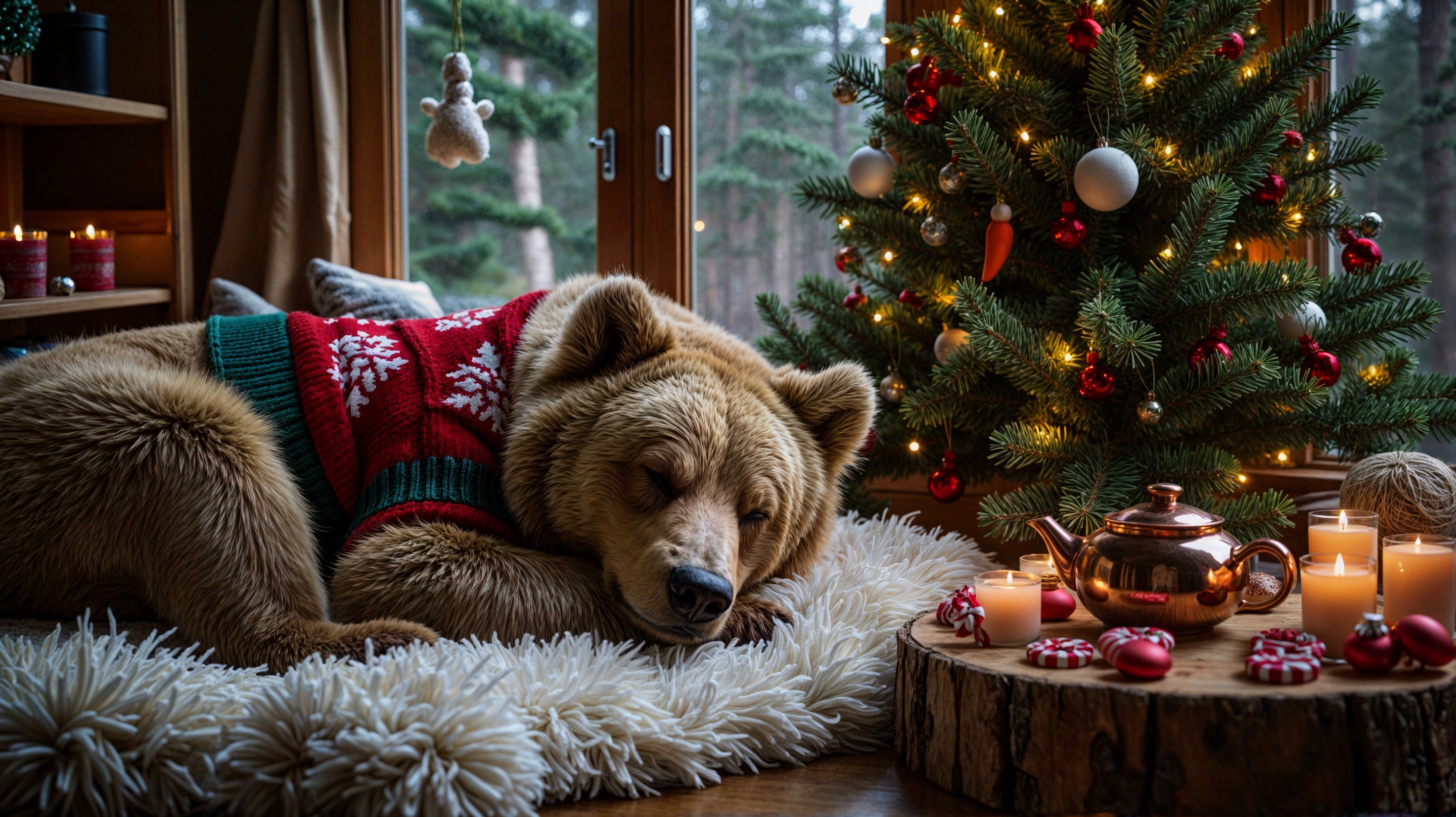 Cozy Winter Scene with Bear and Christmas Decor