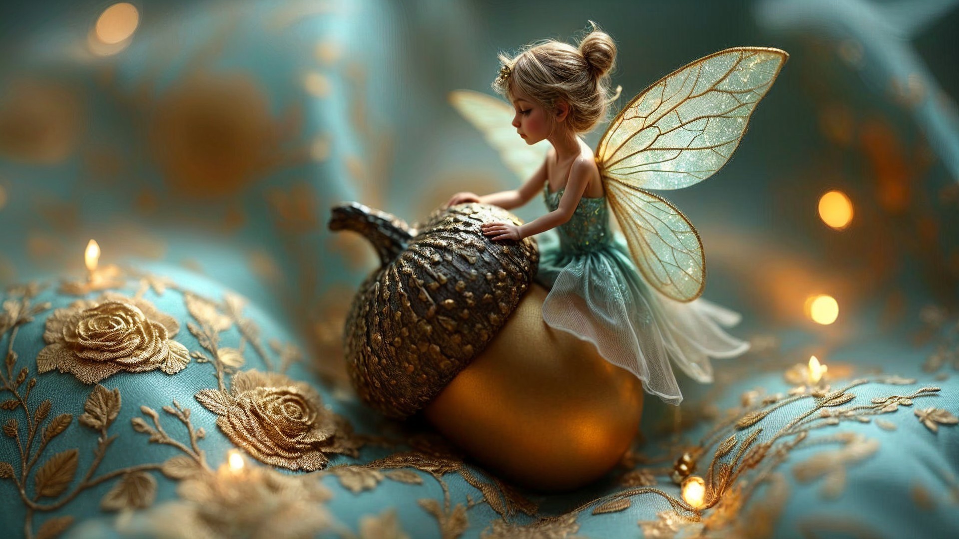 Delicate fairy on acorn with shimmering wings
