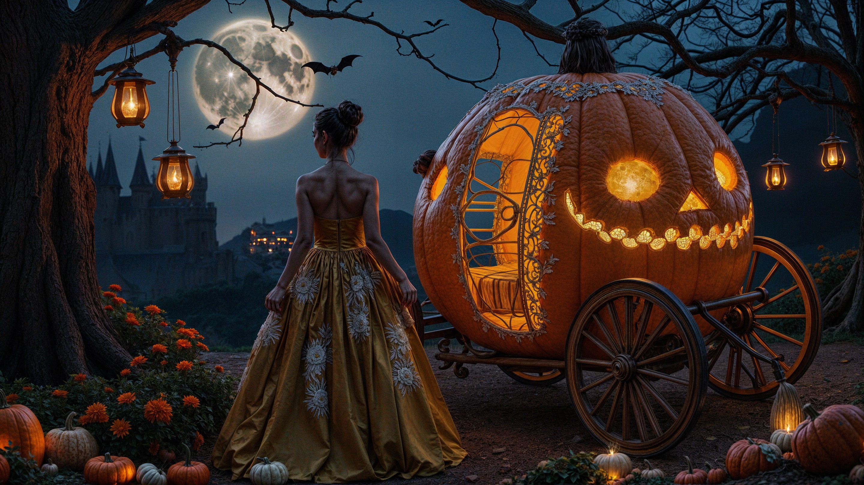 Golden Gown and Pumpkin Carriage Under Moonlight