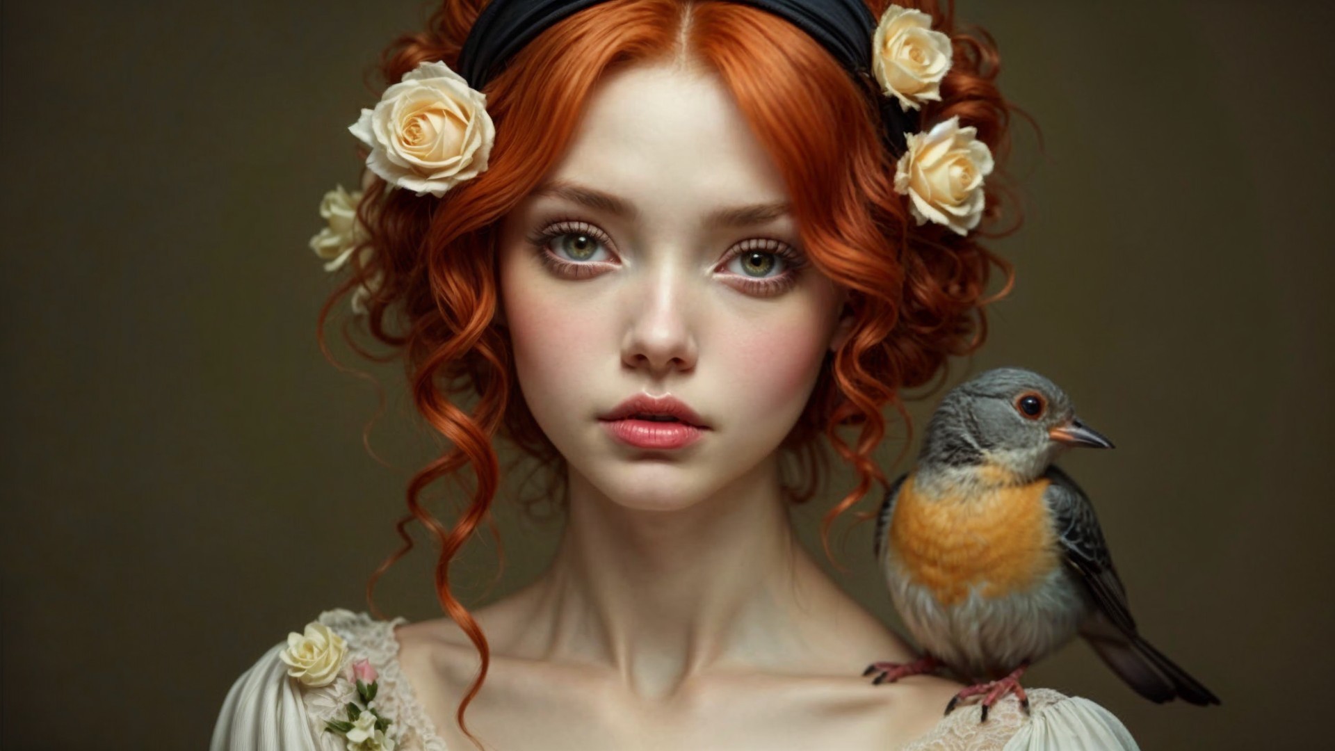 Young woman with red curls and rose adornments