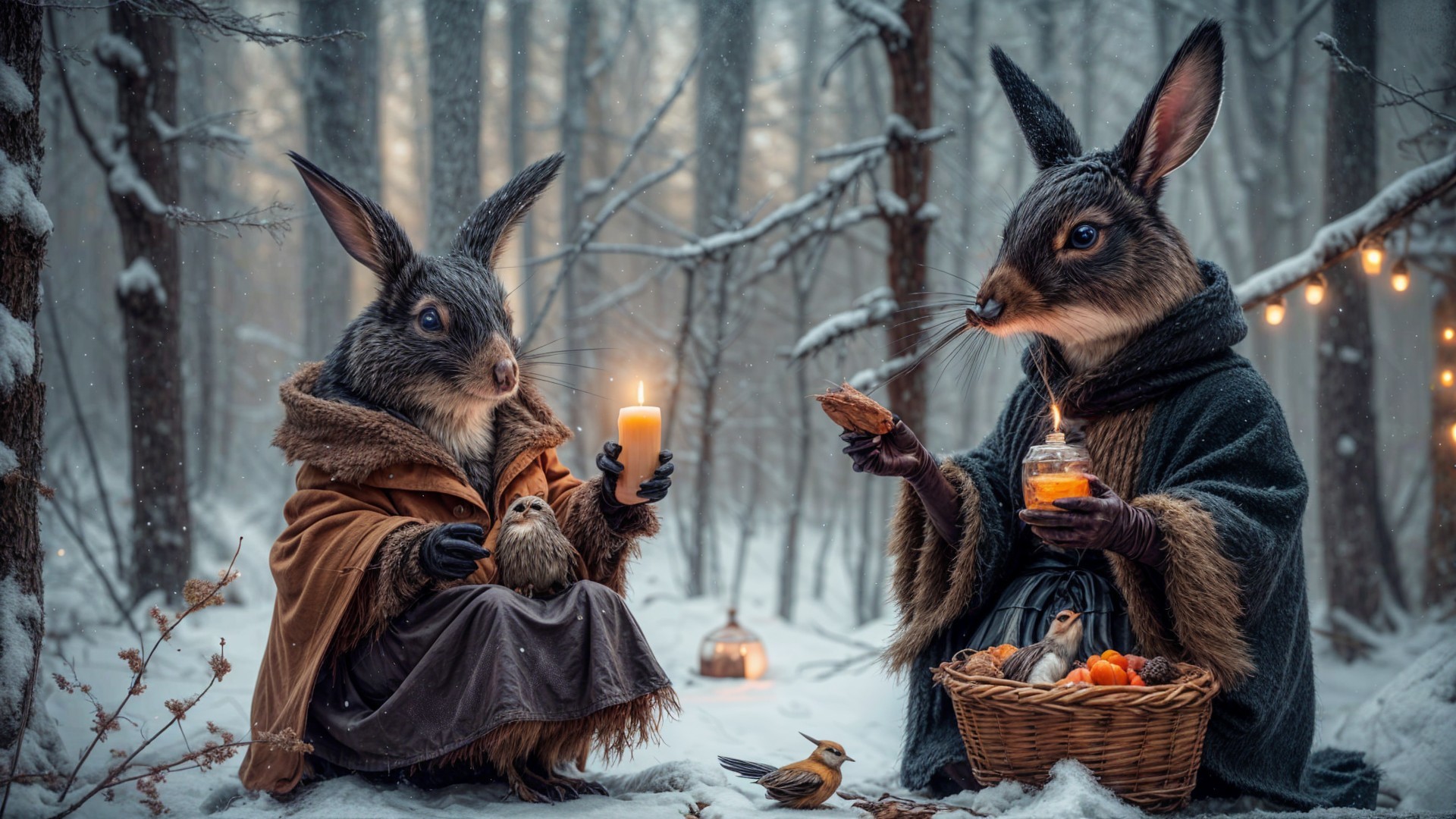 Winter Forest Scene with Rabbits and Lanterns