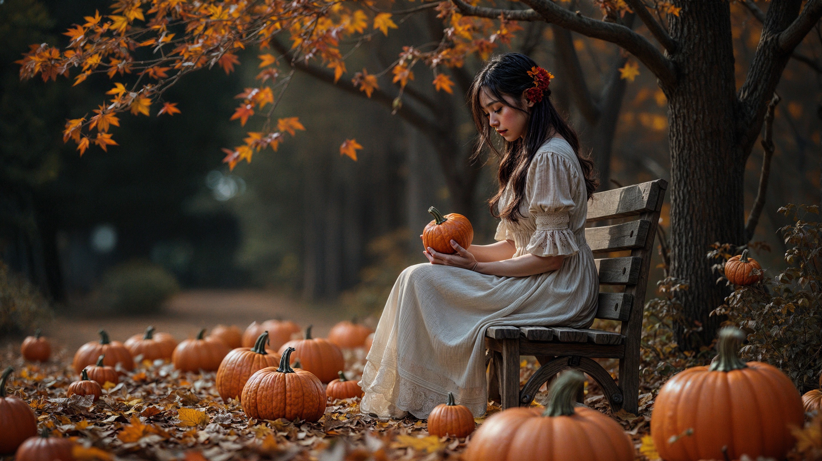 Young Woman in White Dress Surrounded by Pumpkins
