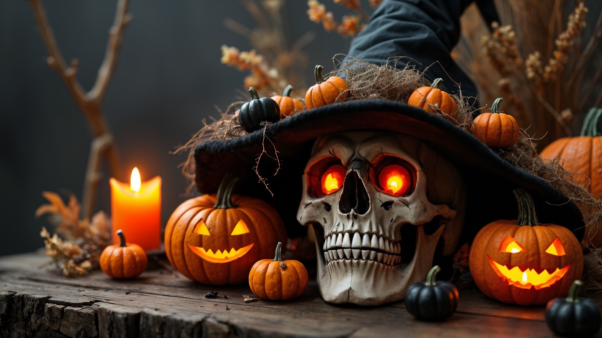 Halloween Scene with Skull, Pumpkins, and Candlelight