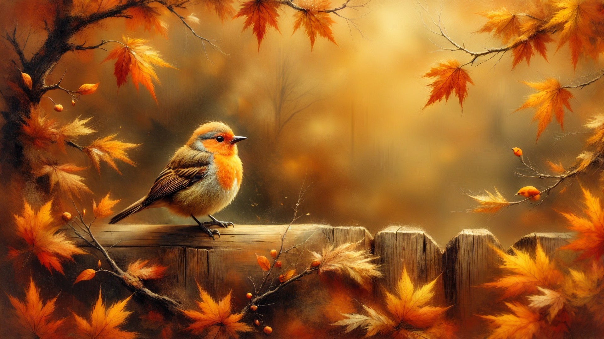 Bird on Wooden Fence Amidst Autumn Leaves