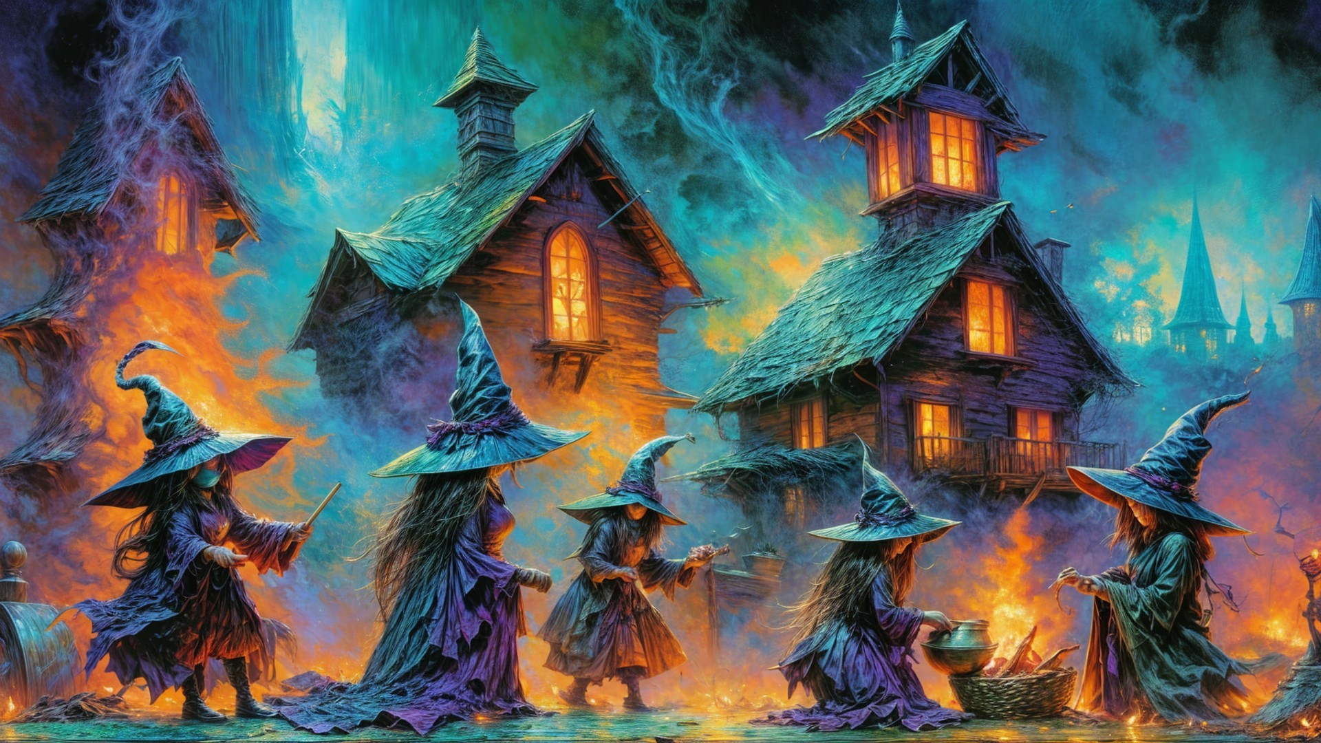 Witches in Flowing Robes Gather Around Glowing Houses