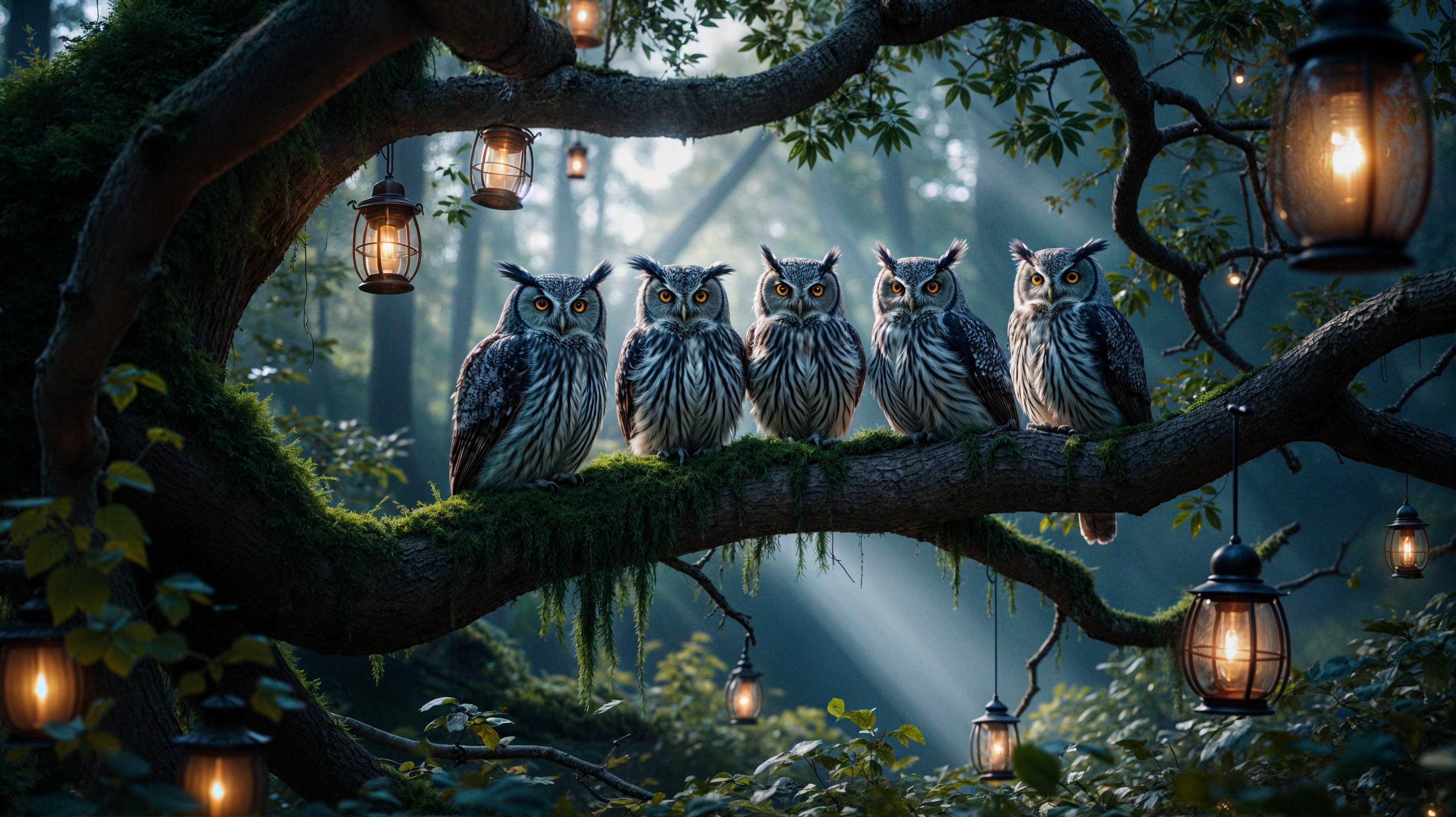 Owls on a Moss-Covered Branch in a Magical Forest