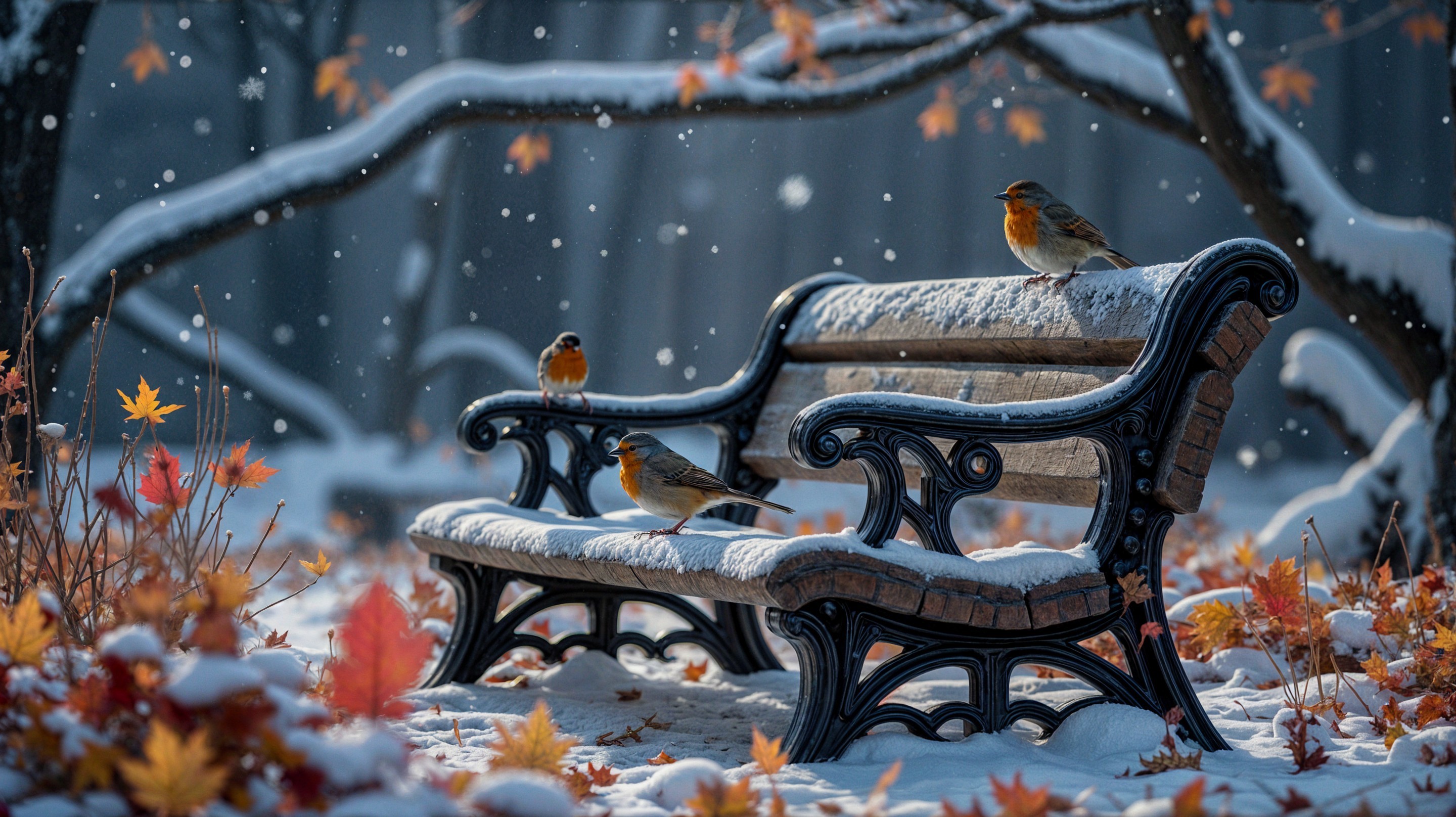 Winter Park Bench Surrounded by Autumn Leaves and Birds