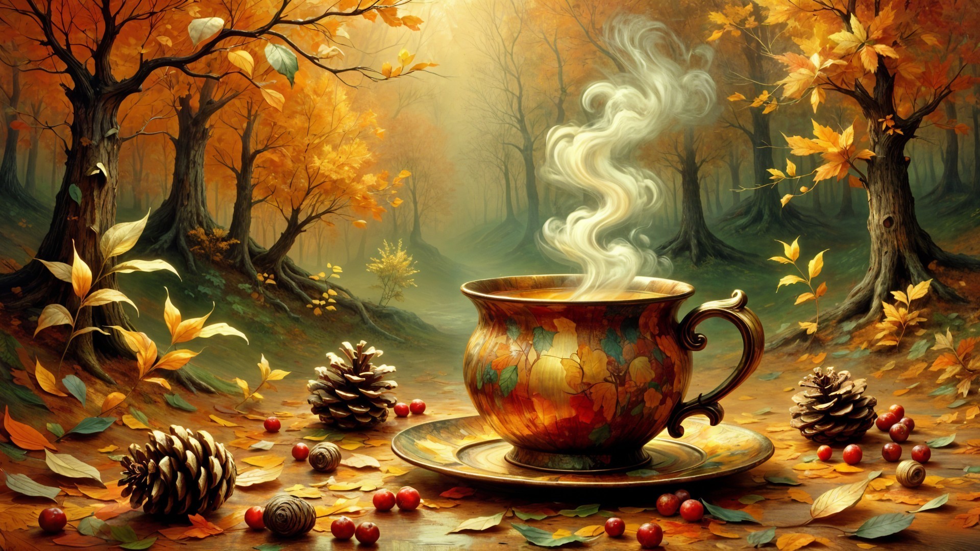 Ceramic Cup and Saucer in Autumn Forest Setting
