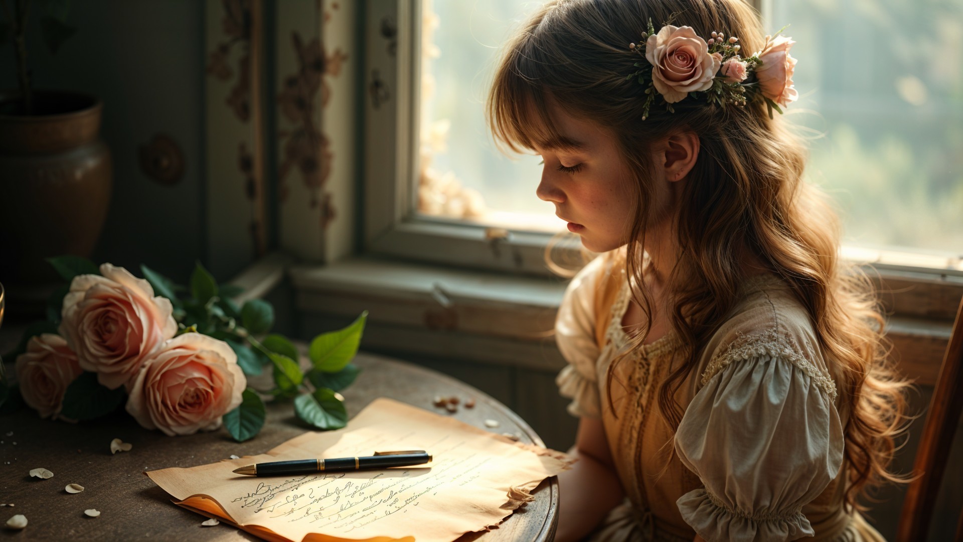 Young girl with floral headband at sunlit table
