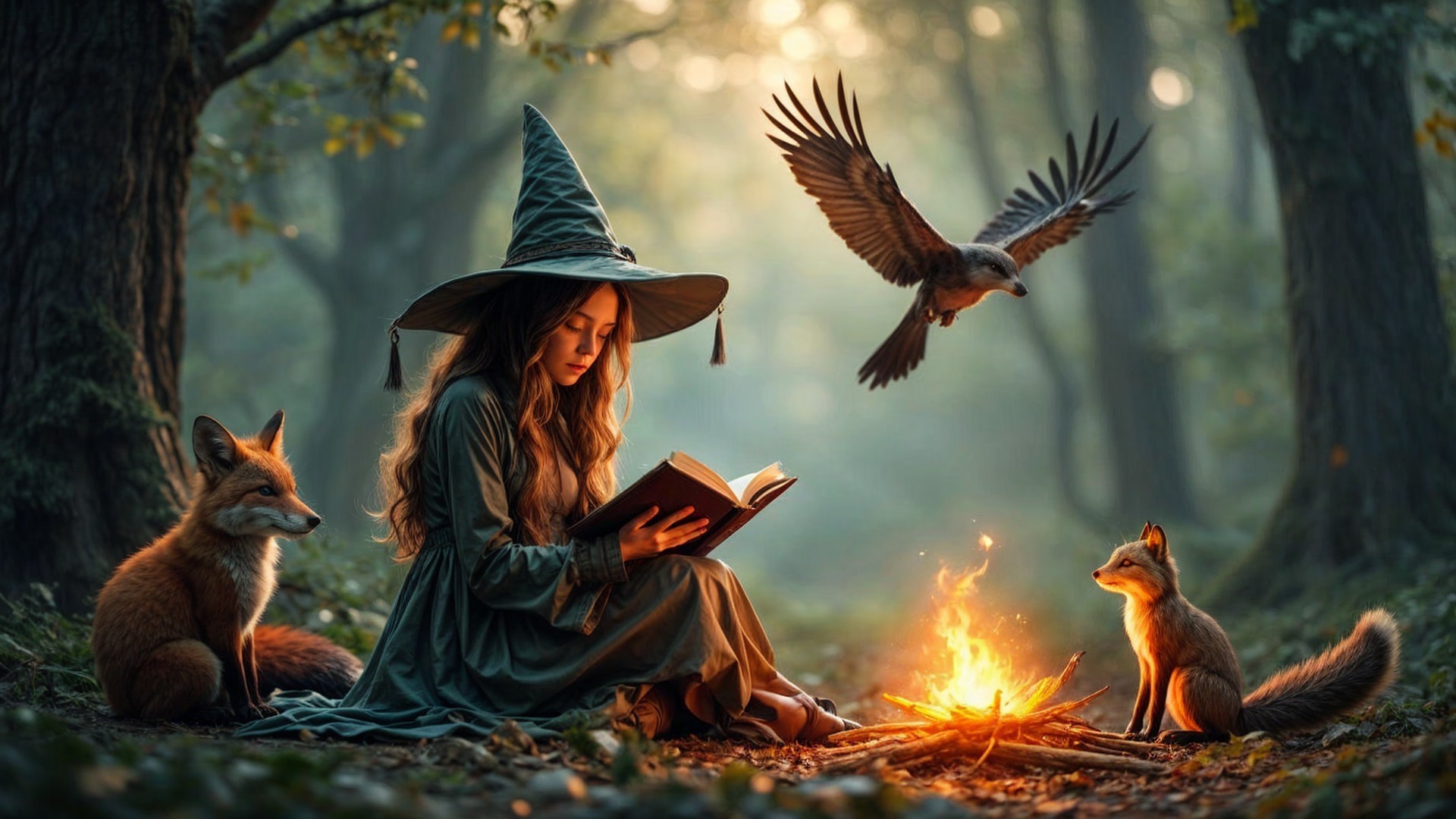 Young girl in green robe reading by campfire in forest