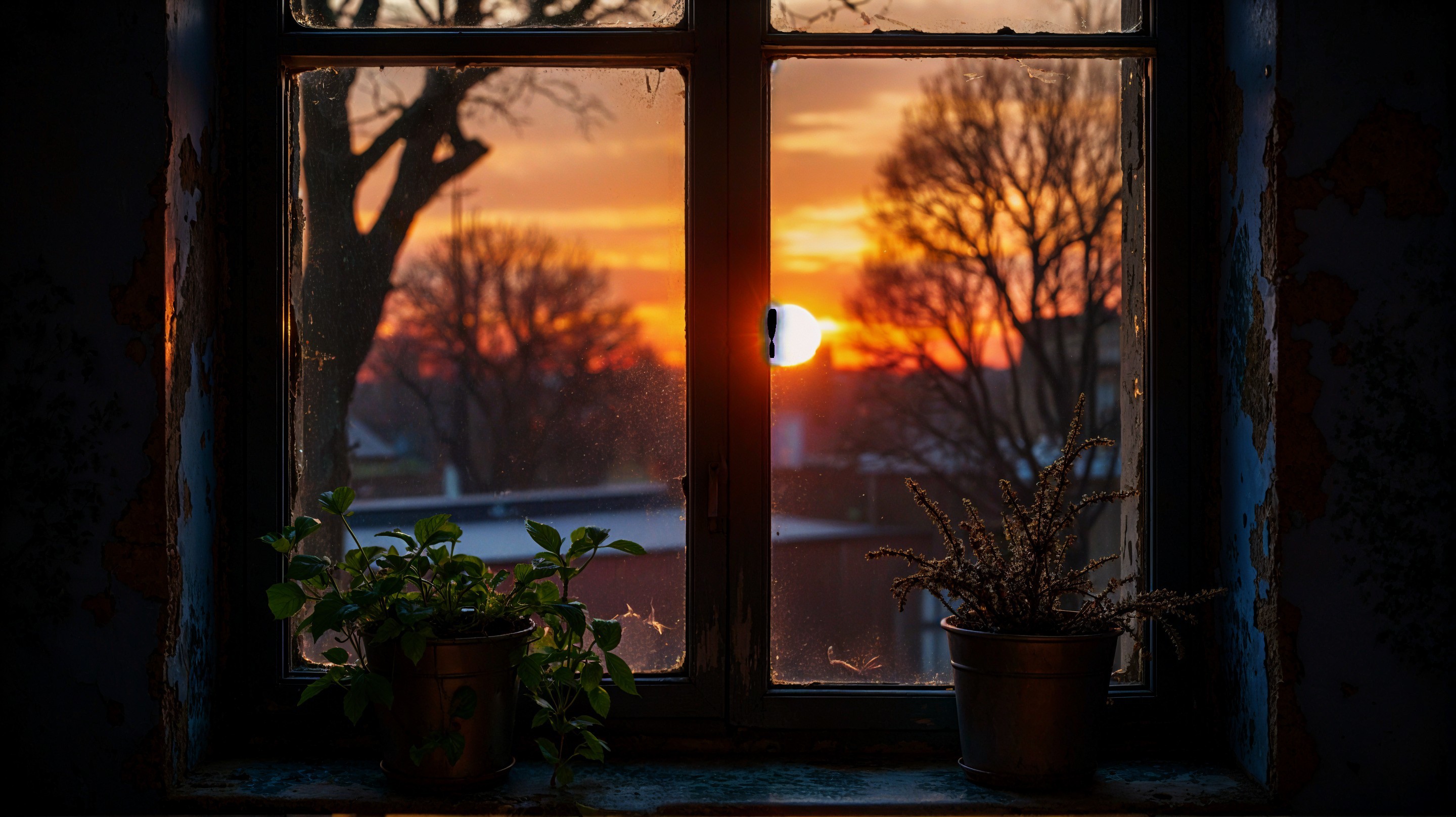 Rustic Window with Sunset and Potted Plants