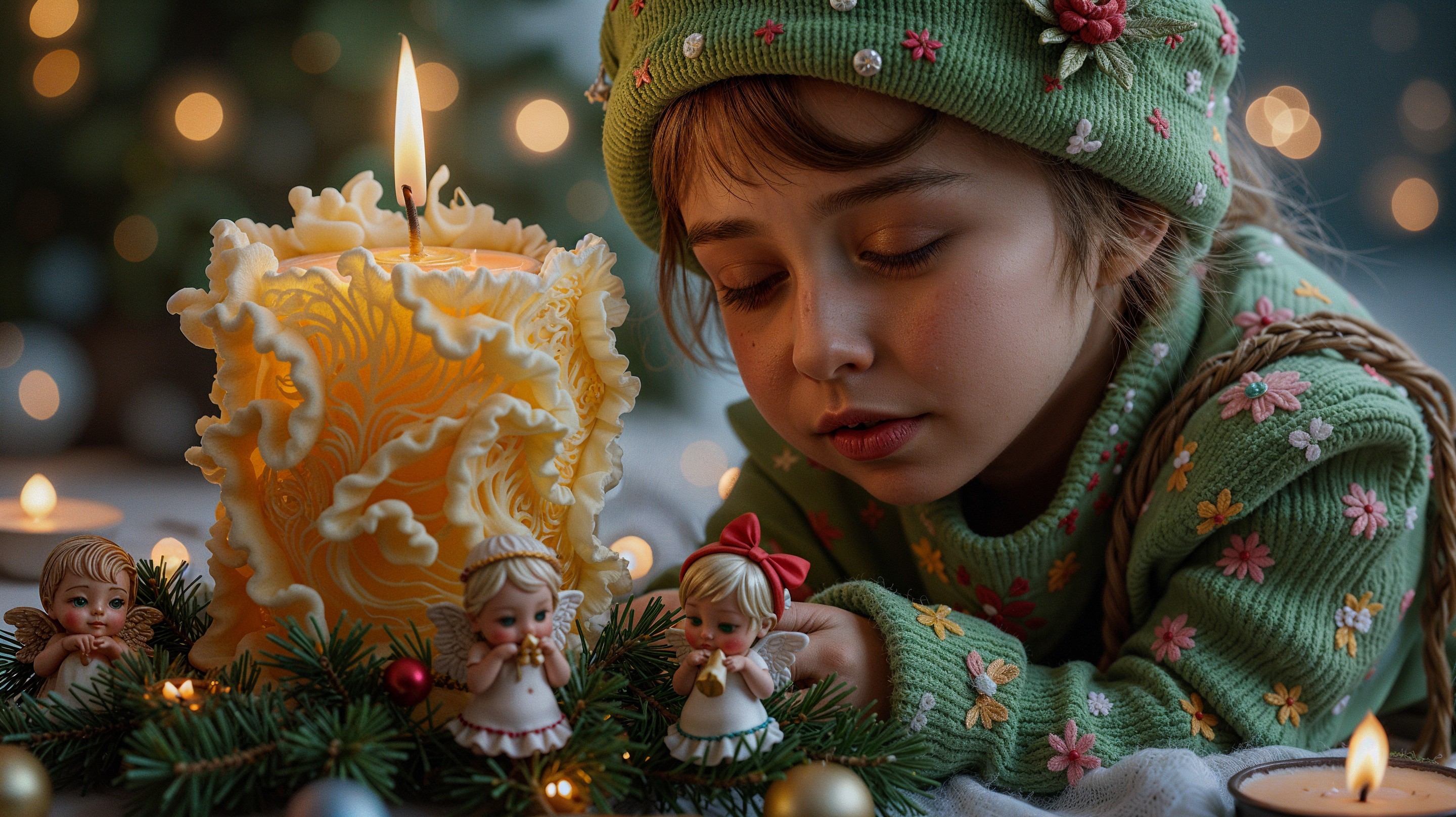 Young girl admiring a decorative candle in festive setting