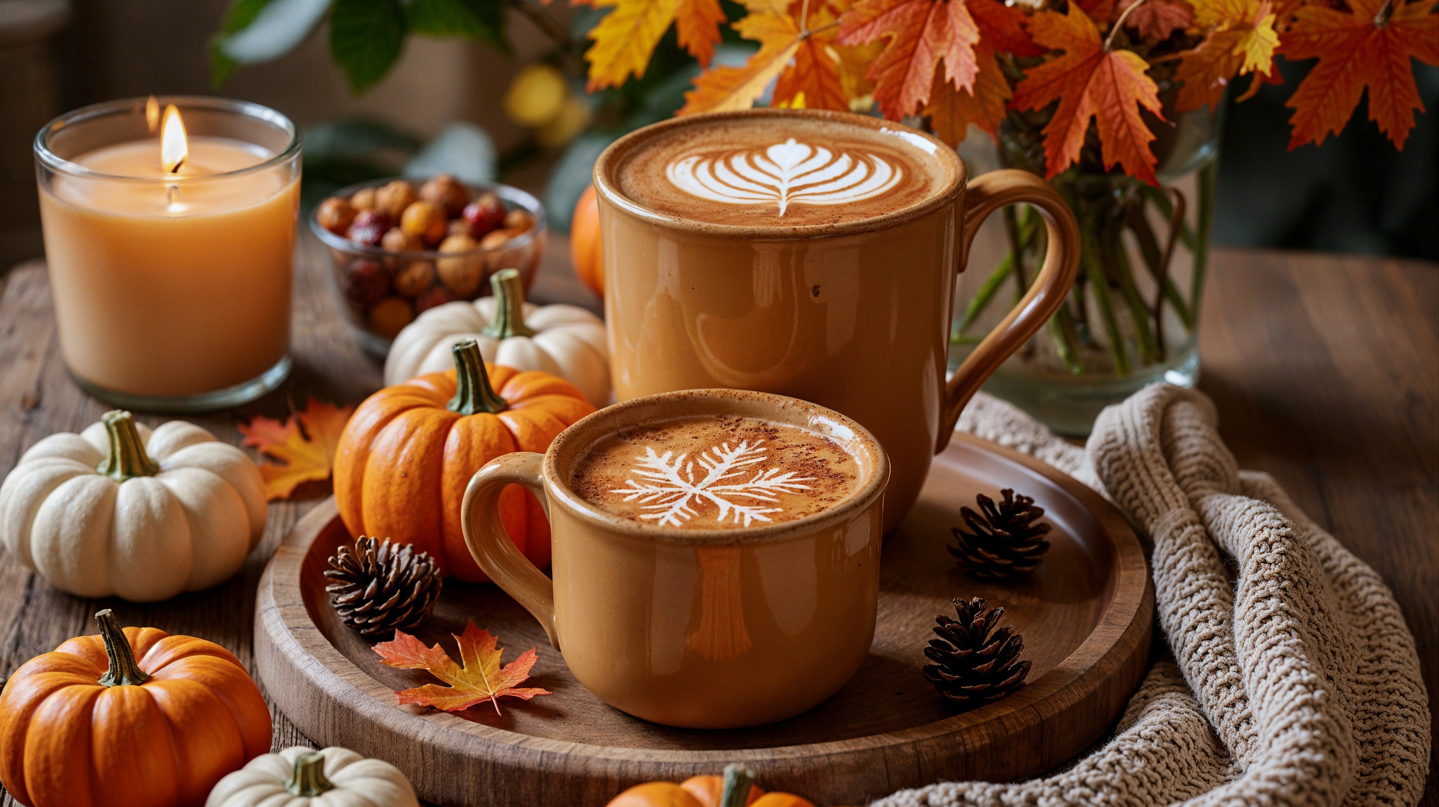Cozy Autumn Scene with Lattes and Fall Decorations