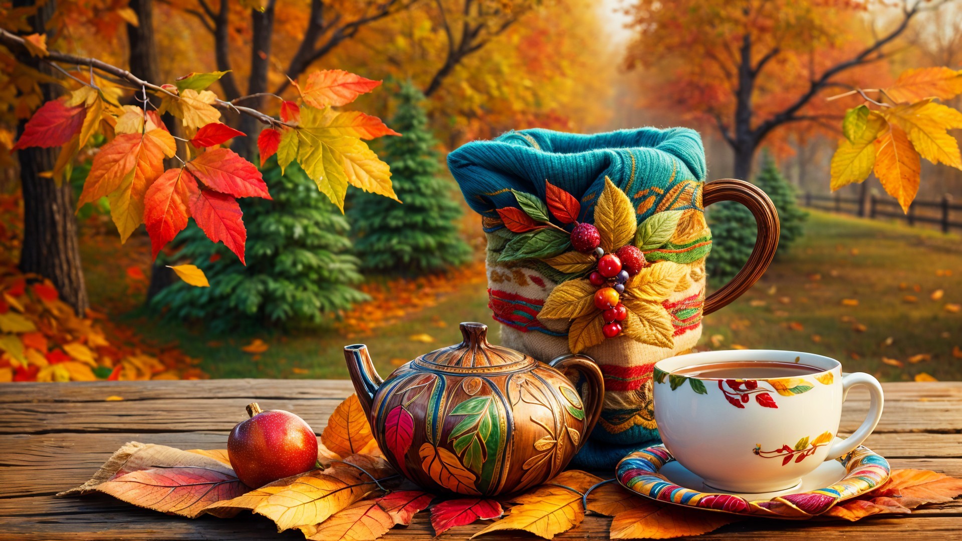 Cozy Autumn Scene with Teapot and Fallen Leaves