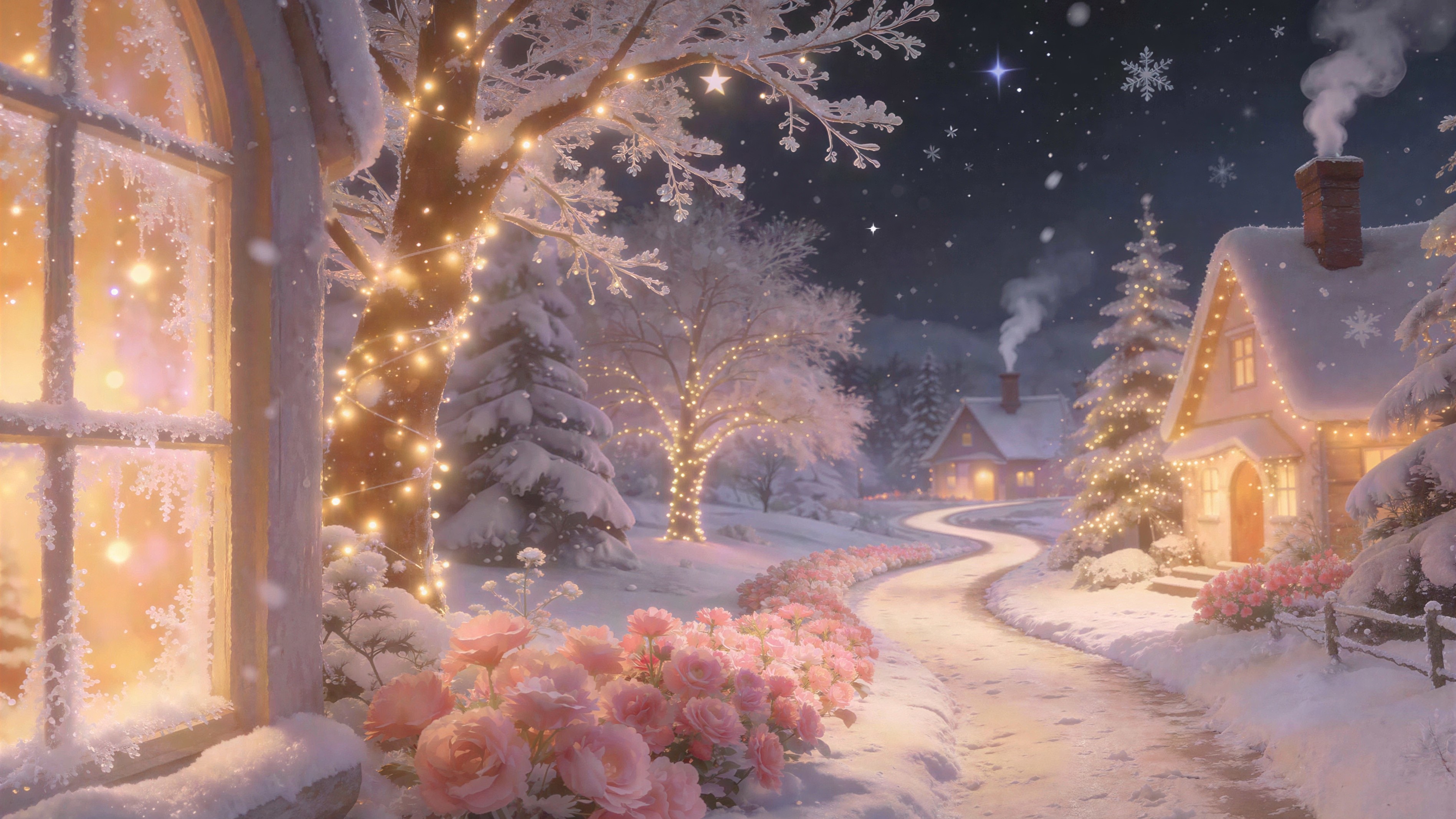 Whimsical Winter Scene with Snow and Pink Roses
