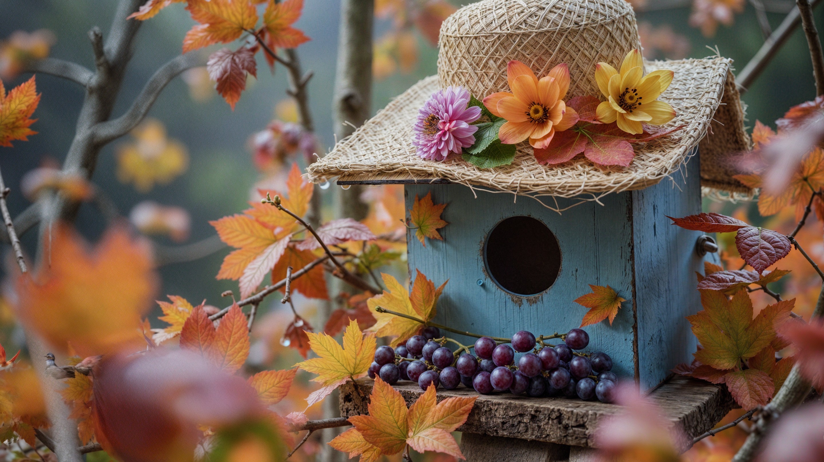 Charming Blue Birdhouse Surrounded by Autumn Leaves
