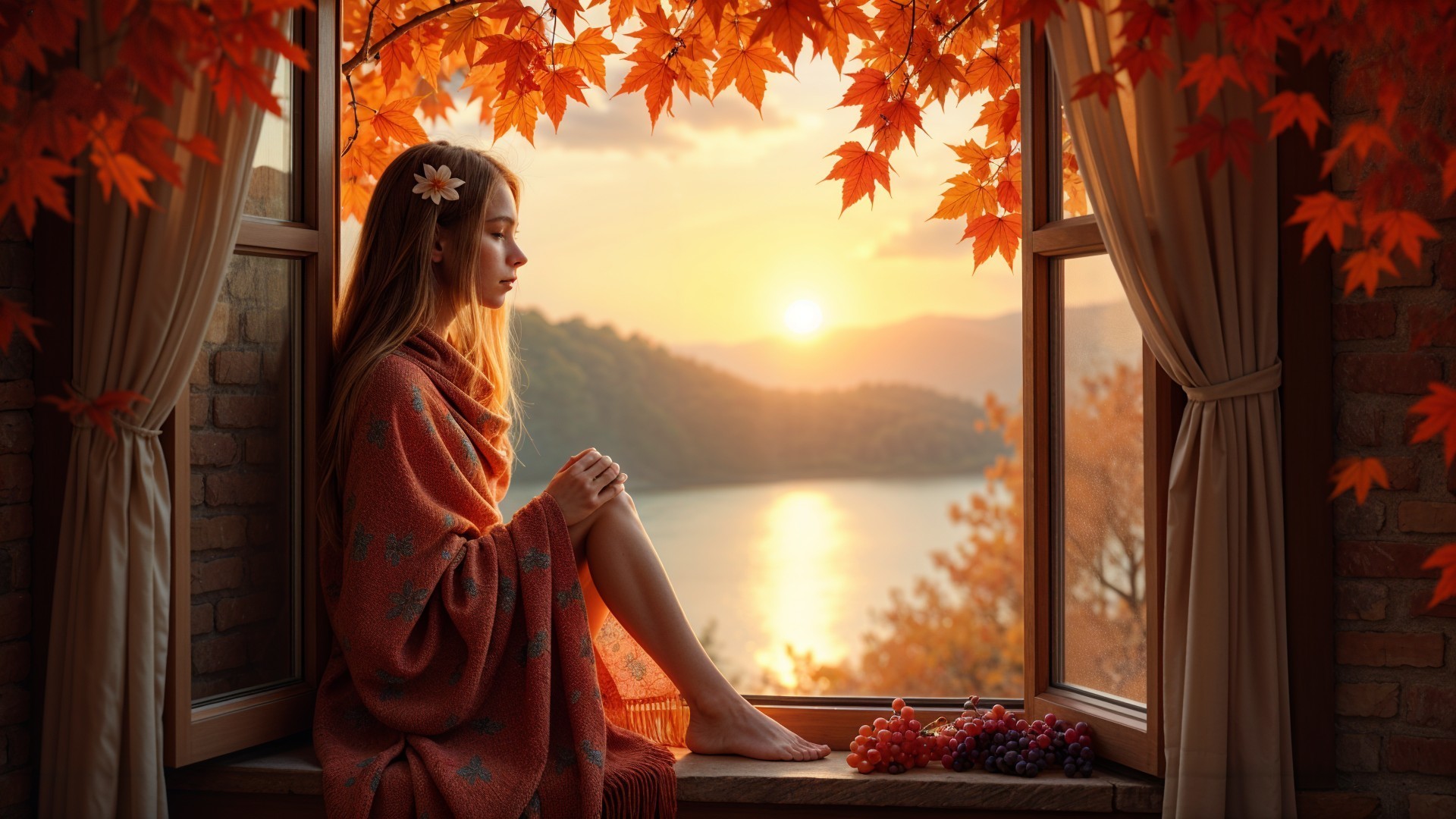 Young woman by window with autumn landscape view