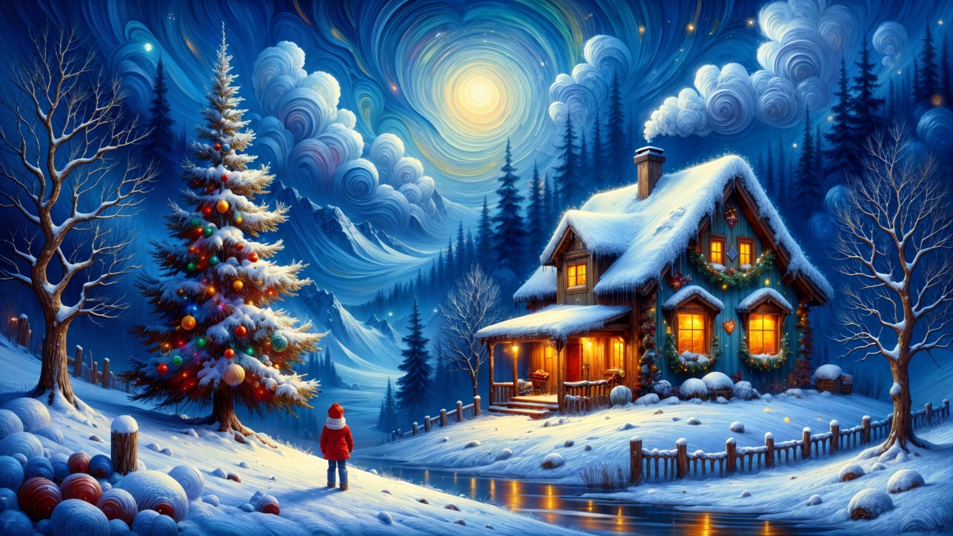Cozy Cabin Scene with Christmas Tree and Snowy Landscape