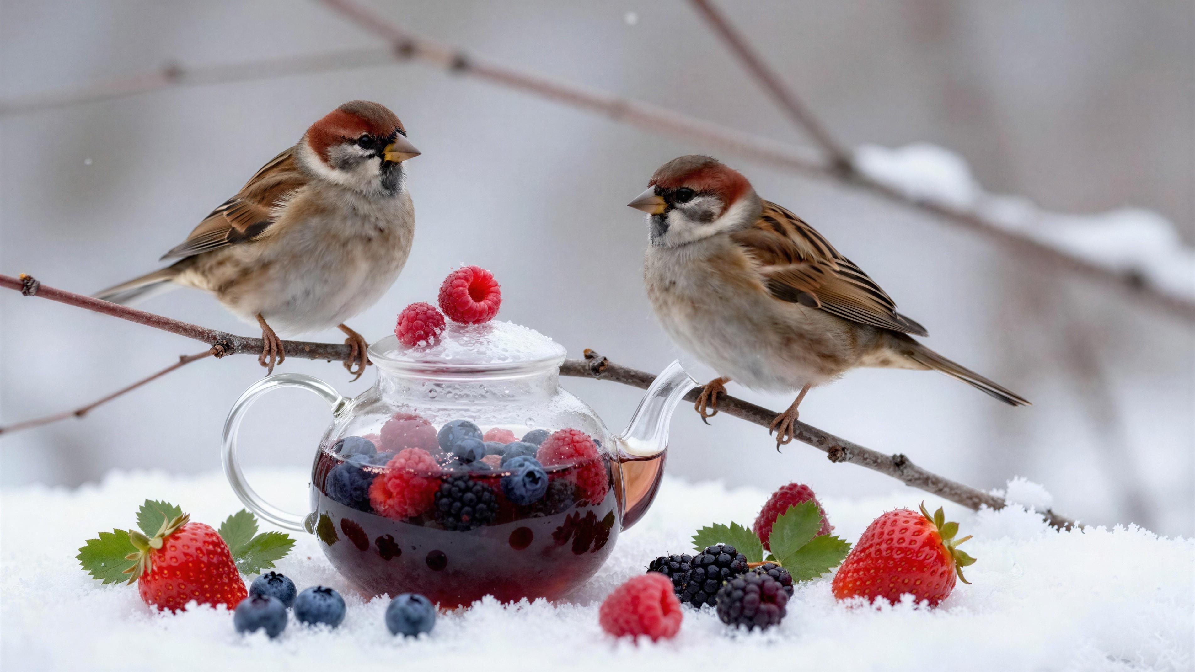 Sparrows on Snowy Branches with Teapot of Berries