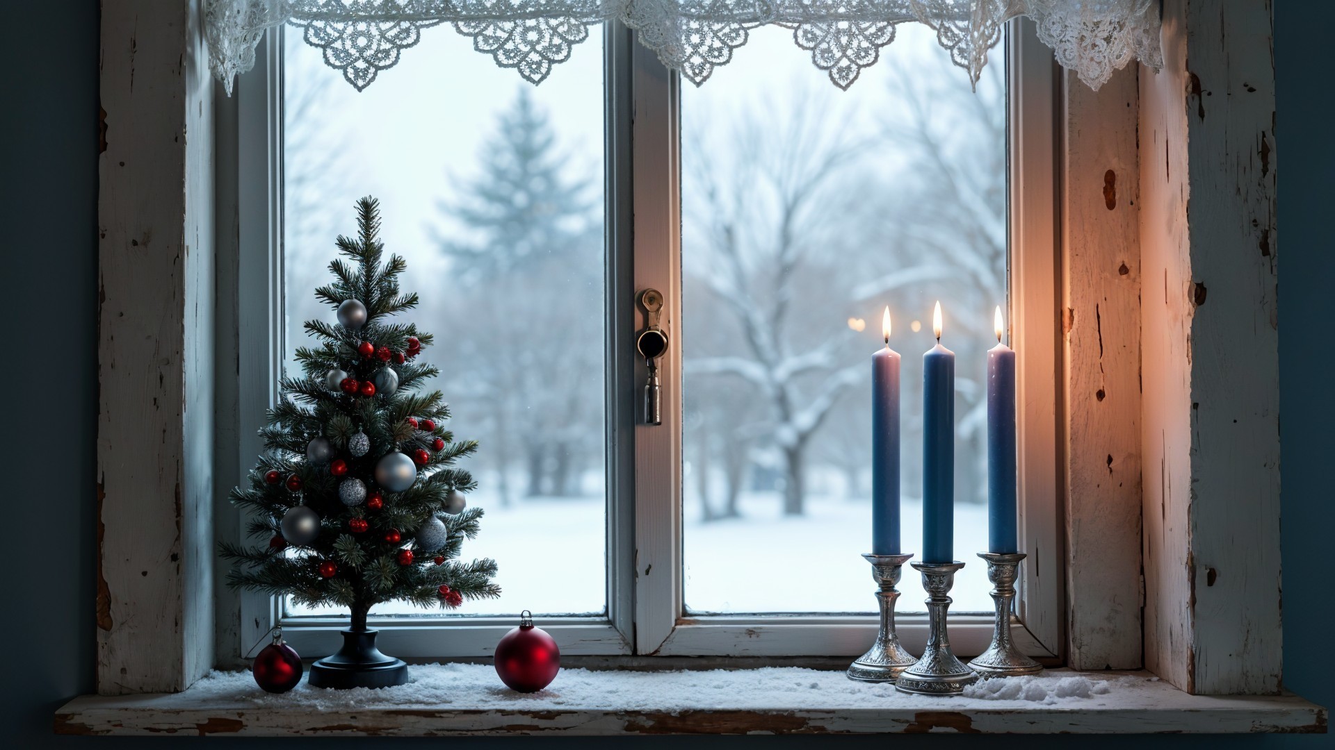 Cozy Winter Scene with Christmas Tree and Candles