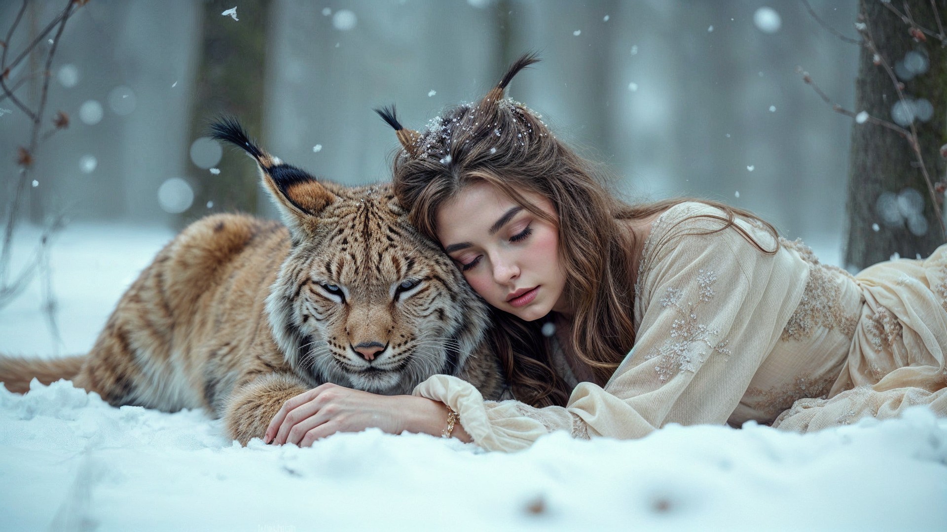 Serene winter scene with woman and lynx in snow