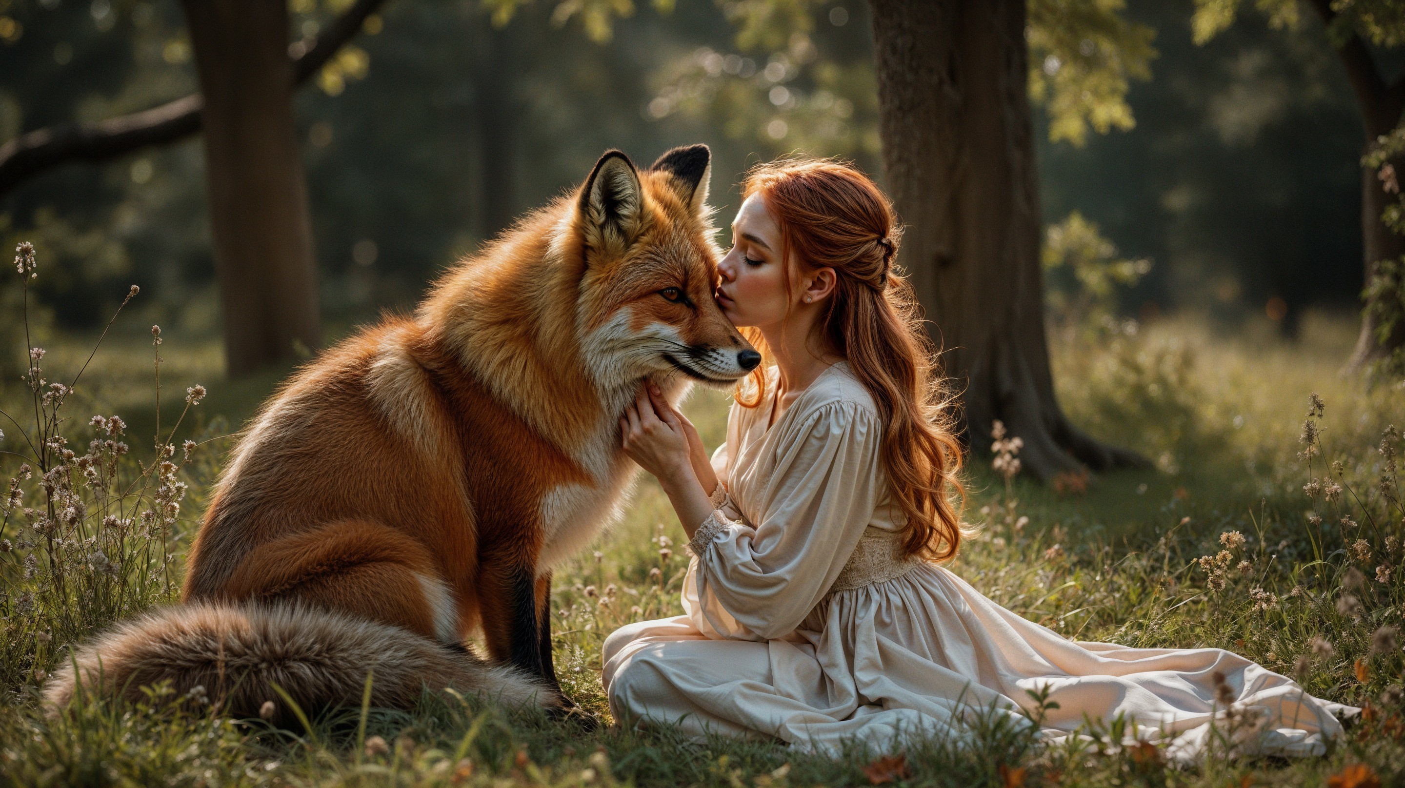 Young Woman and Fox in Serene Forest Setting