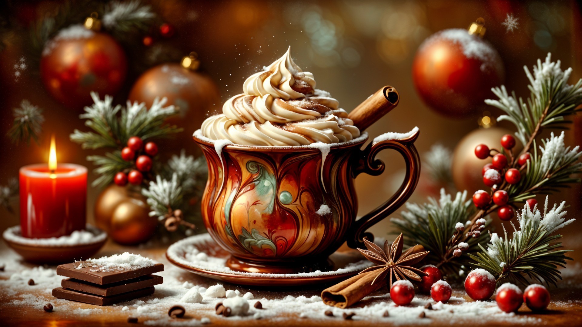 Decorative Coffee Cup with Holiday Elements and Atmosphere