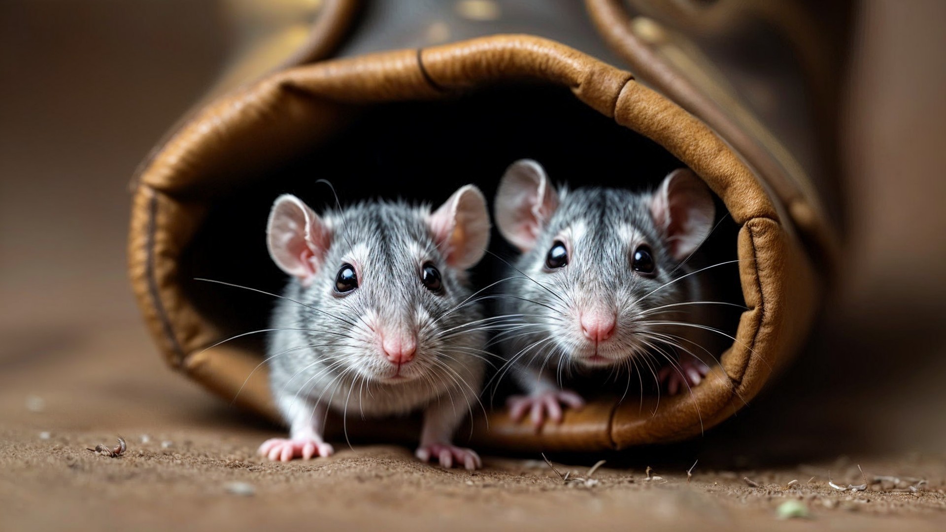 Gray-and-white mice in a leather boot hideout