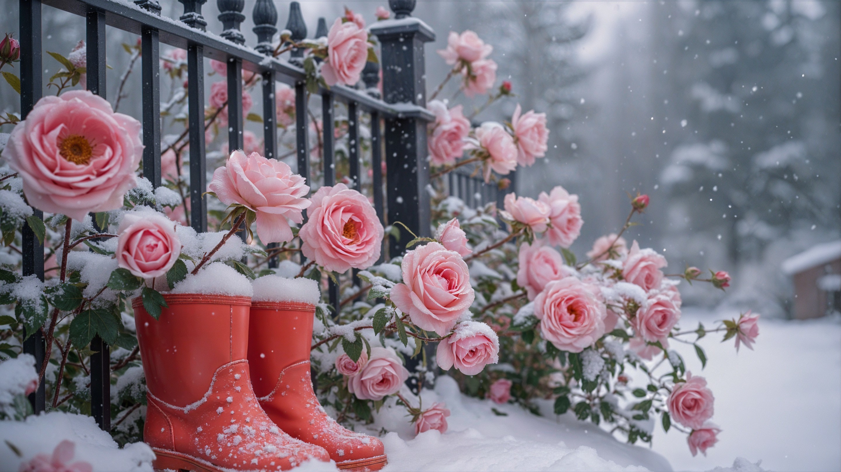 Vibrant Orange Rubber Boots Amidst Snow and Roses