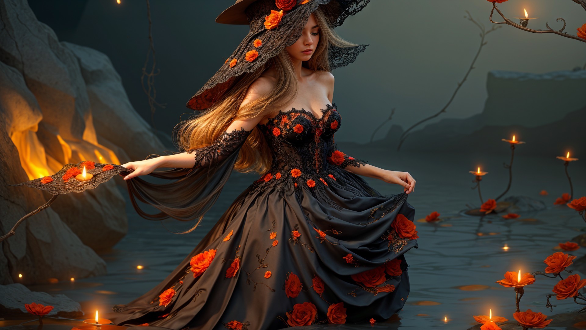 Elegant Woman in Black Gown Surrounded by Candles