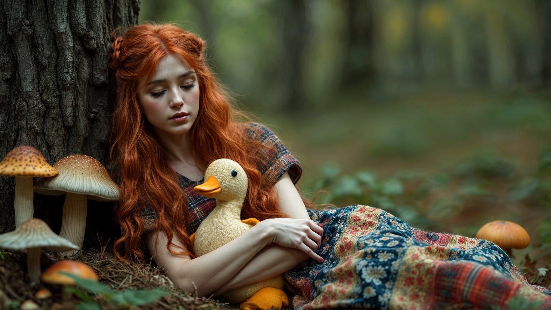 Young Woman with Duck in Enchanted Forest Setting