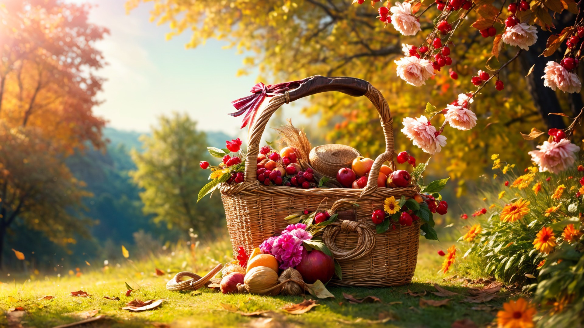 Woven Basket with Fruits and Flowers Under Autumn Sky