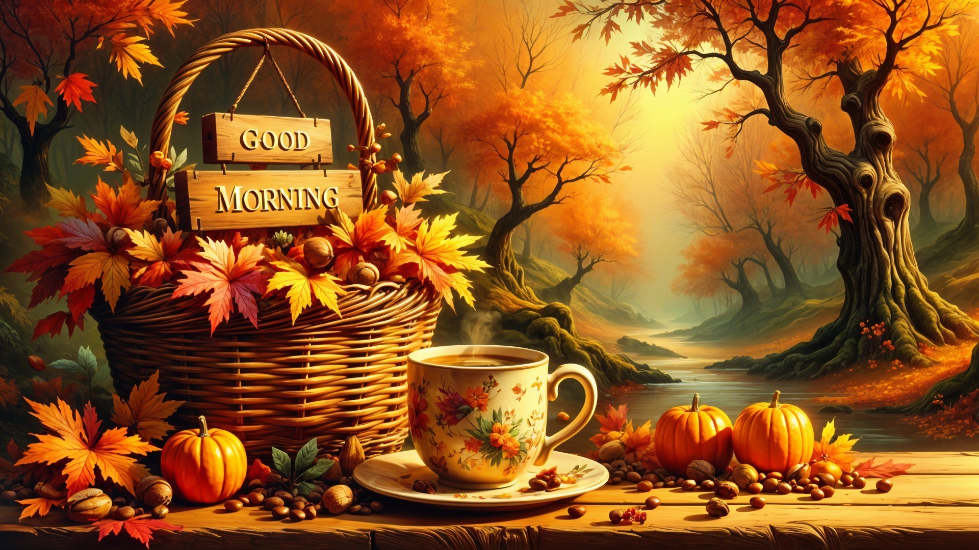 Cozy Autumn Scene with Leaves, Teacup, and Pumpkins