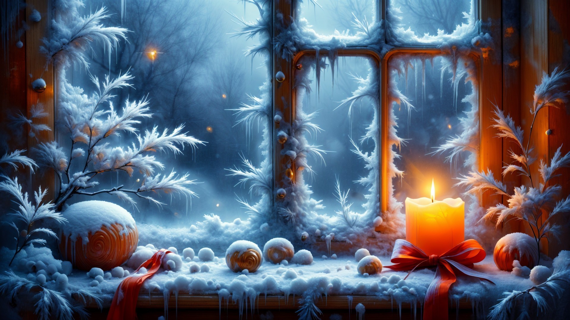 Cozy Winter Scene with Frosted Window and Snow