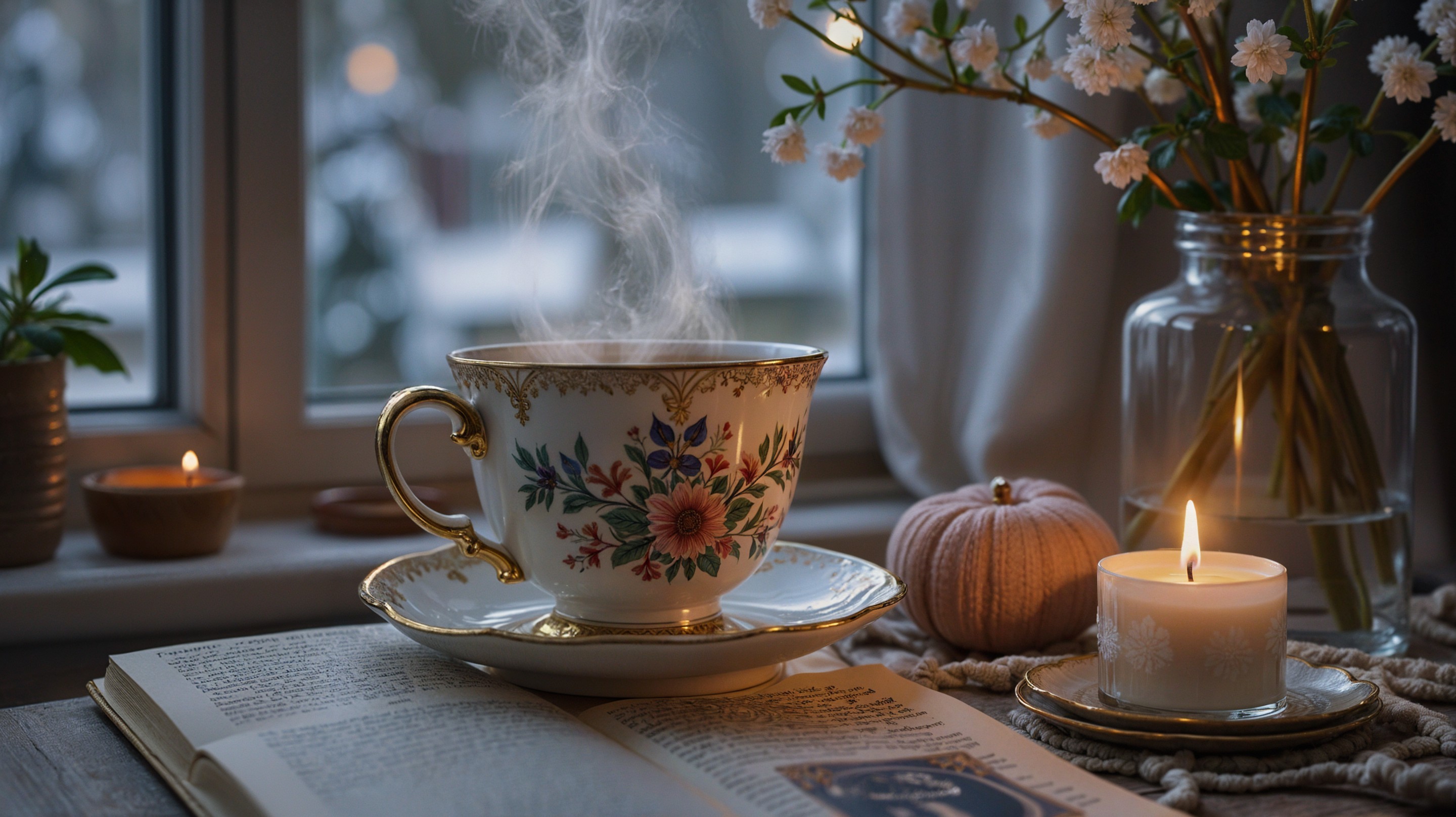 Delicate Porcelain Cup with Floral Designs and Candle