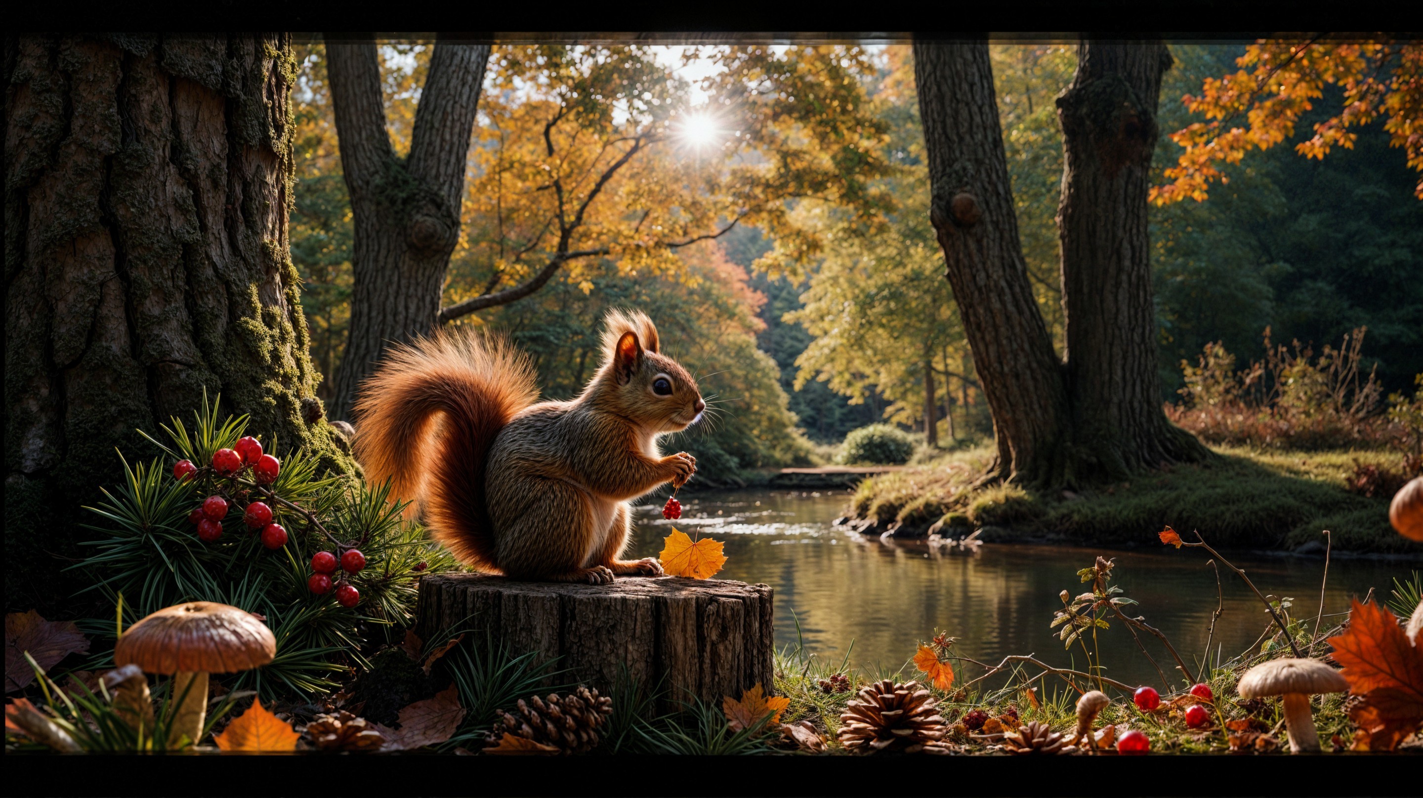 Autumn Forest Scene with Squirrel and Mushrooms